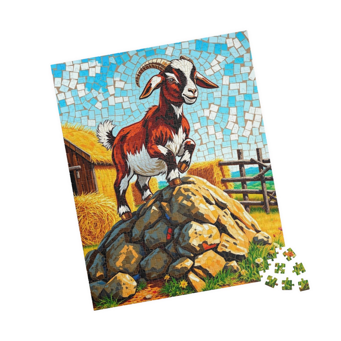 Playful Goat Mosaic Puzzle, Goat on Rocky Hill, Sunny Farm Scene Jigsaw Game for Adults, Family Activity, Mindful Puzzle Lover Gift Puzzle The Puzzle Chest