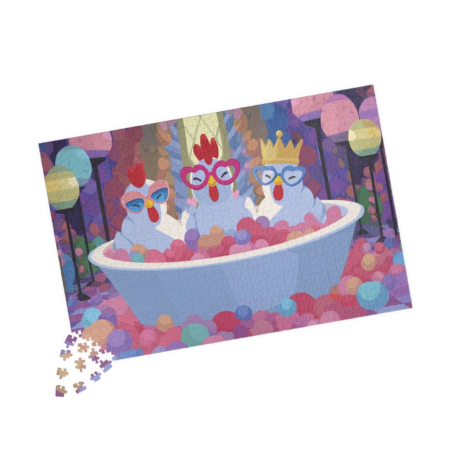 Bubblegum Chicken Puzzle – Quirky Chickens in Candy Spa Bath with Pink Foam, Whimsical Fairy-Tale Jigsaw Puzzle 1014 pcs (Horizontal) Puzzle The Puzzle Chest