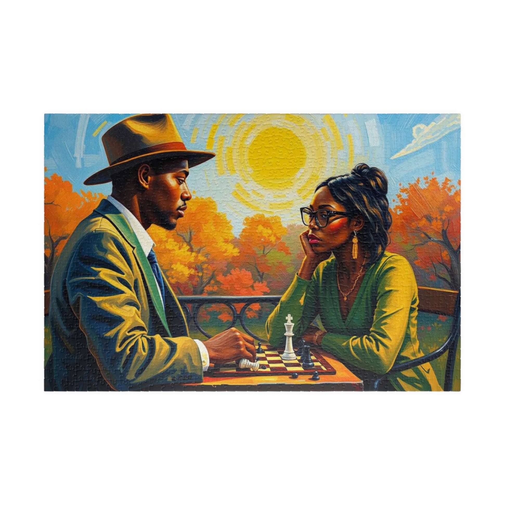 Black Art Jigsaw Puzzle - Black Couple Playing Chess, Afrocentric Gift for Friends, Brain Teaser, Fun Family Game Night 1014 pcs (Horizontal) Puzzle The Puzzle Chest