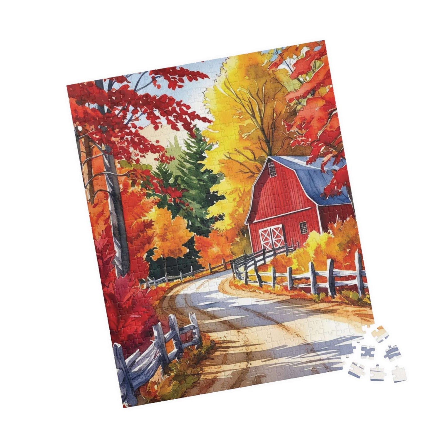 Classic New England Fall Landscape Puzzle, Scenic Winding Road and Barn, Vibrant Foliage and Wooden Fence, Ideal Gift for Nature Art Lover Puzzle The Puzzle Chest