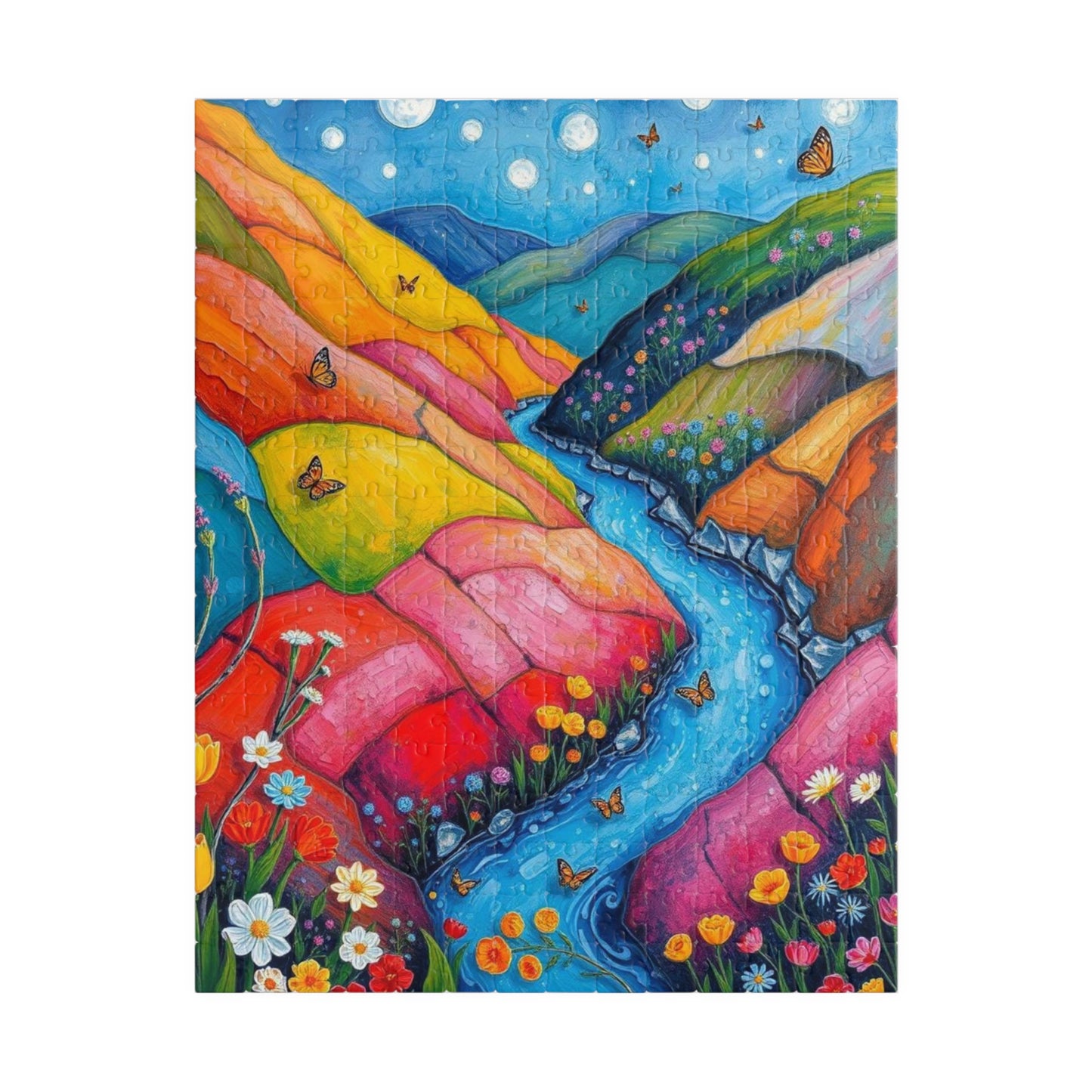 Meadow Stream Melody - River Through Candy Hill Jigsaw Puzzle Collection, Beautiful Nature Puzzle, Colorful Landscape Art, Puzzle Lover Gift, Family Fun, 110/252/520/1014 252 pcs (Vertical) Puzzle The Puzzle Chest