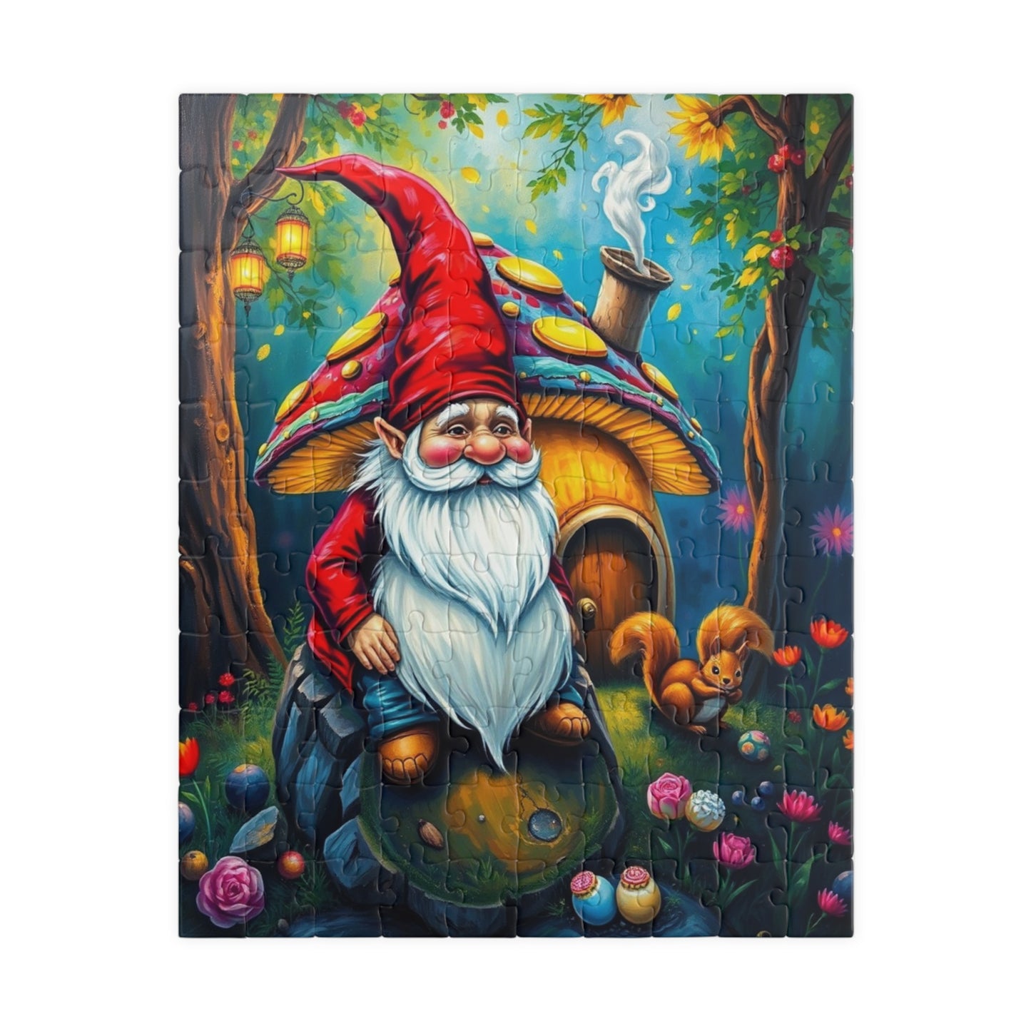 Mystical Gnome Jigsaw Puzzle, Enchanted Woodland Scene with Squirrel and Lanterns, Jigsaw Game for Adults, Entertaining Pastime 110 pcs (Vertical) Puzzle The Puzzle Chest