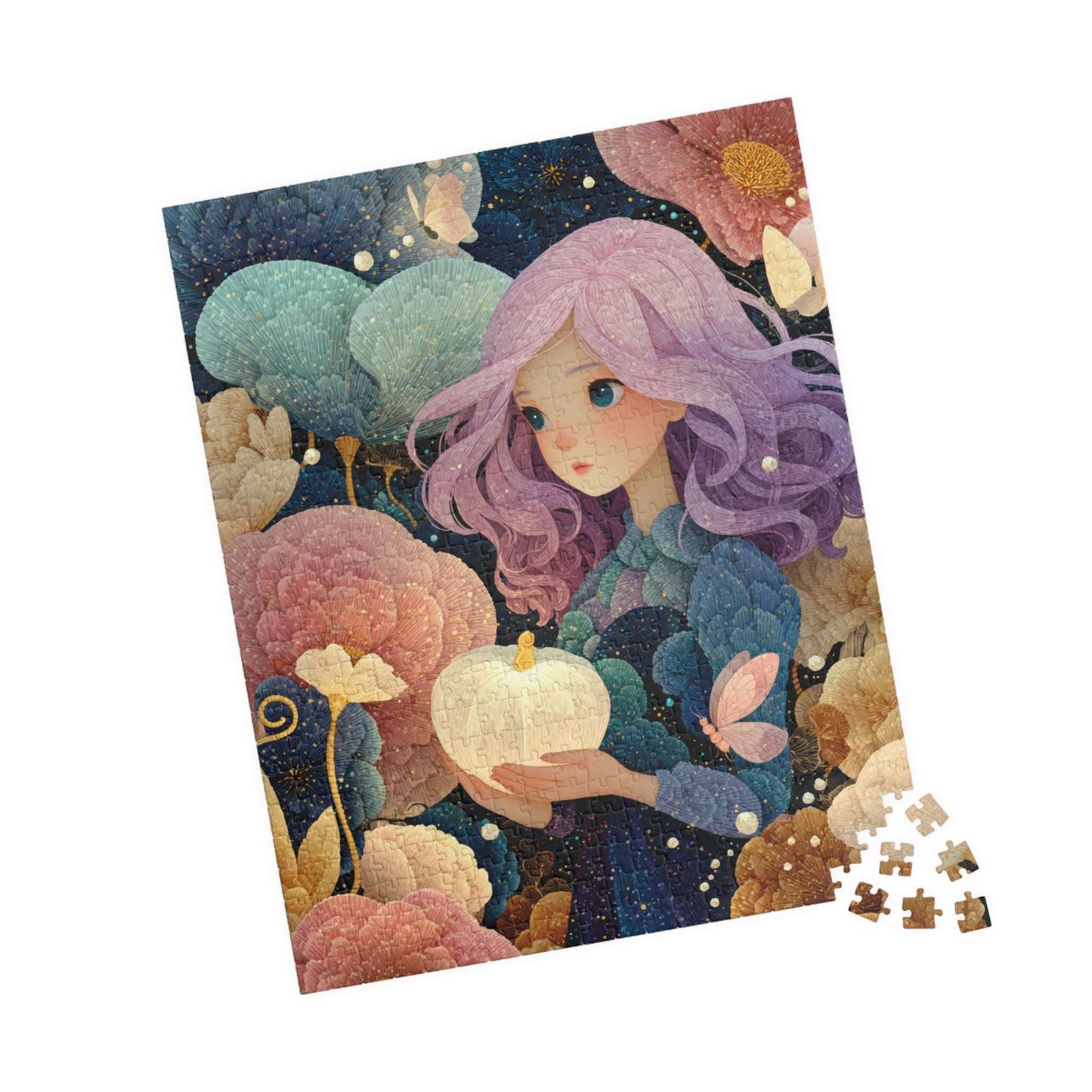 Enchanted Garden Jigsaw Puzzle – Fantasy Girl with Lavender Hair, Magical Pumpkins, Autumn Scene 520 pcs (Vertical) Puzzle The Puzzle Chest