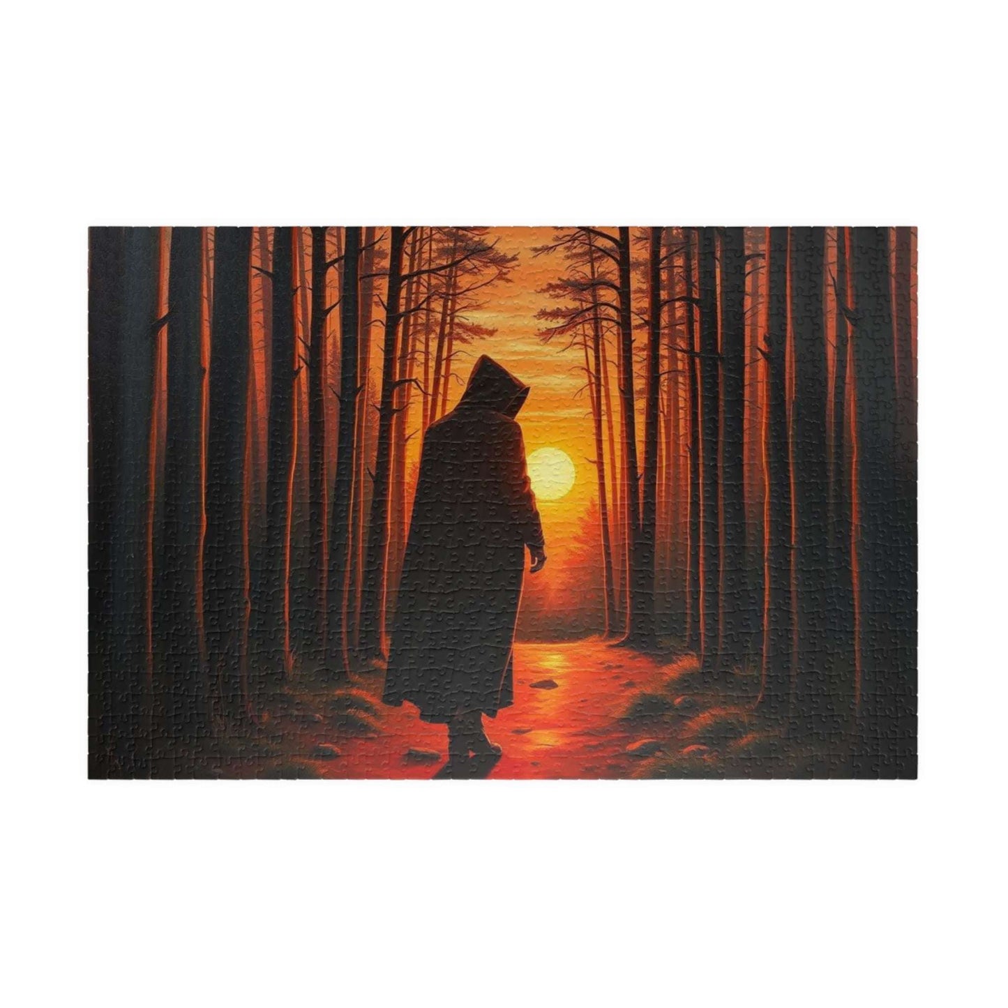 The Silent Passage Jigsaw Puzzle - Cloaked Figure Hollow Grove Eerie Sunset, Gothic Puzzle, Moody Landscape Puzzle, Dark Fantasy Art Puzzle 1014 pcs (Horizontal) Puzzle The Puzzle Chest