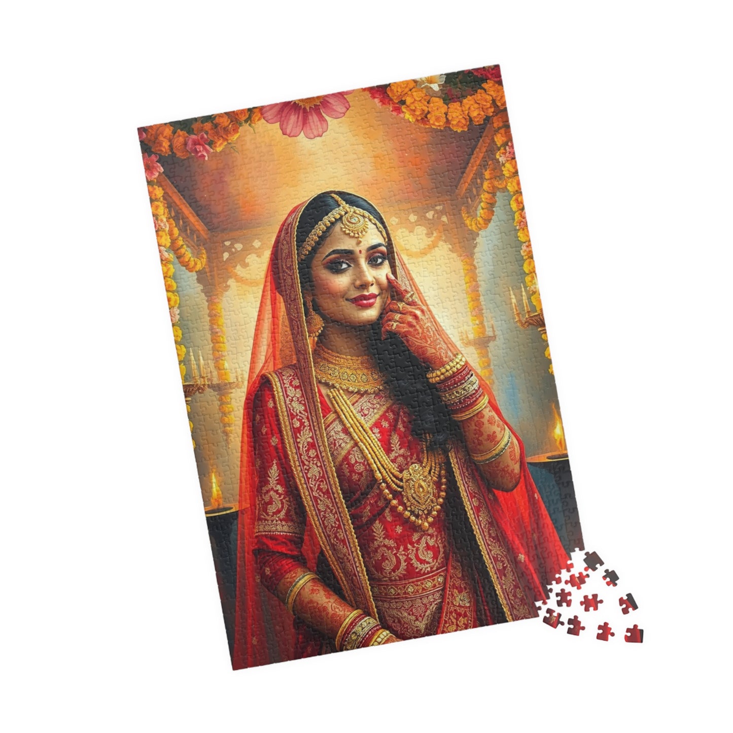 Puzzle, Indian Bride in Red and Gold Lehenga, Henna and Gold Jewelry, 520-Piece Jigsaw, Meditation, Relaxation, Mindfulness, Indian Wedding Puzzle The Puzzle Chest