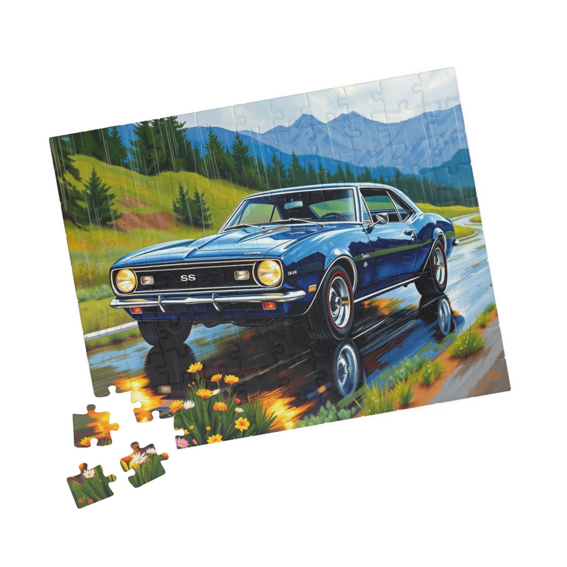 Vintage Muscle Car Jigsaw Puzzle, 1967 Camaro Classic Vehicle on Rainy Road Trip Scenic Art Puzzle The Puzzle Chest