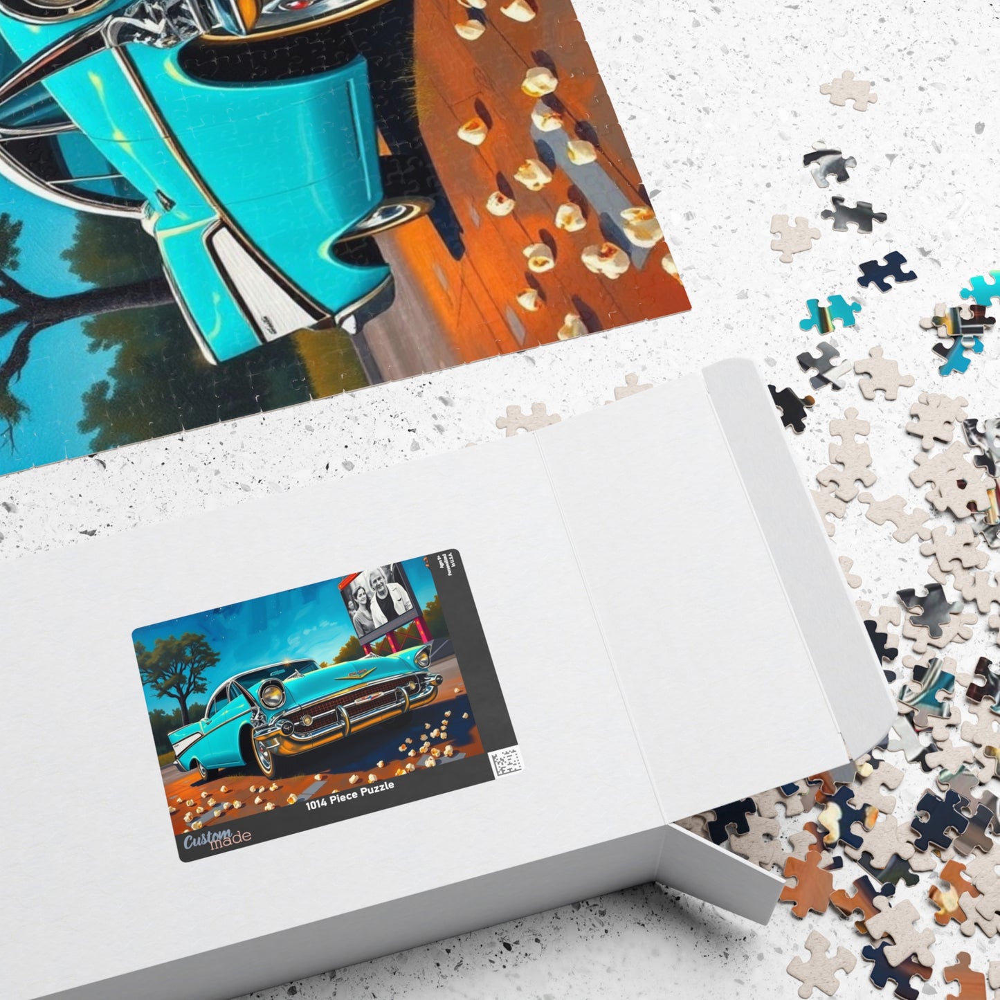 Nostalgic 1950s Car Puzzle, Turquoise Bel Air at Neon-Lit Drive-In, Classic American Car Enthusiast, Best Gift for Him, Mindfulness Puzzle The Puzzle Chest