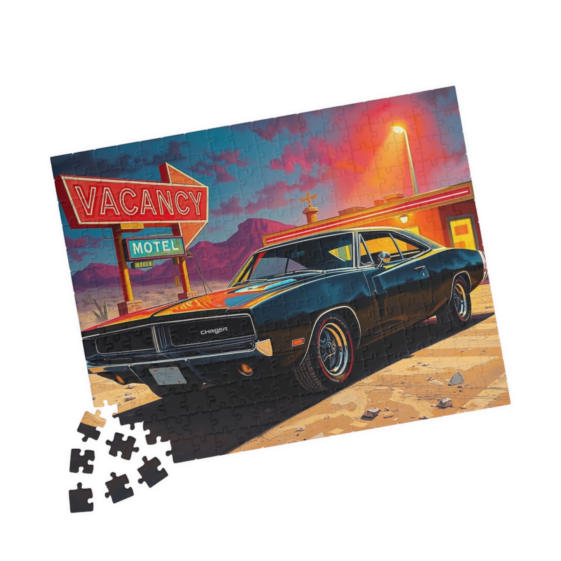 Vintage Muscle Car Puzzle, Black 1969 Charger, Classic Car Desert Motel Scene Jigsaw Game Puzzle The Puzzle Chest