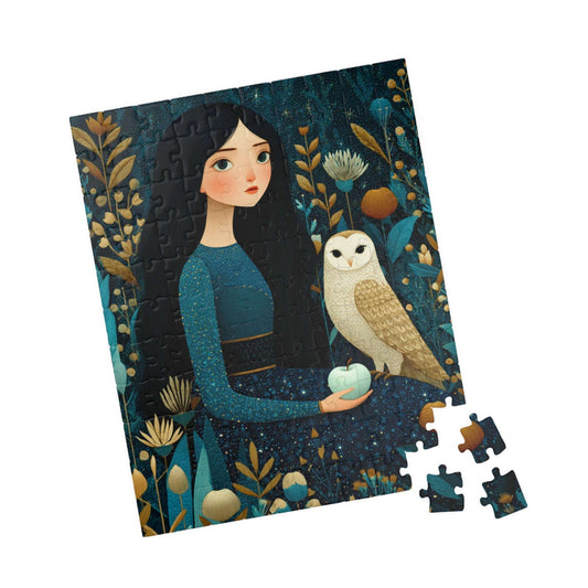 Moonlit Orchard Jigsaw Puzzle – Whimsical Autumn Puzzle for Adults, Girl with Owl and Silver Apples 110 pcs (Vertical) Puzzle The Puzzle Chest