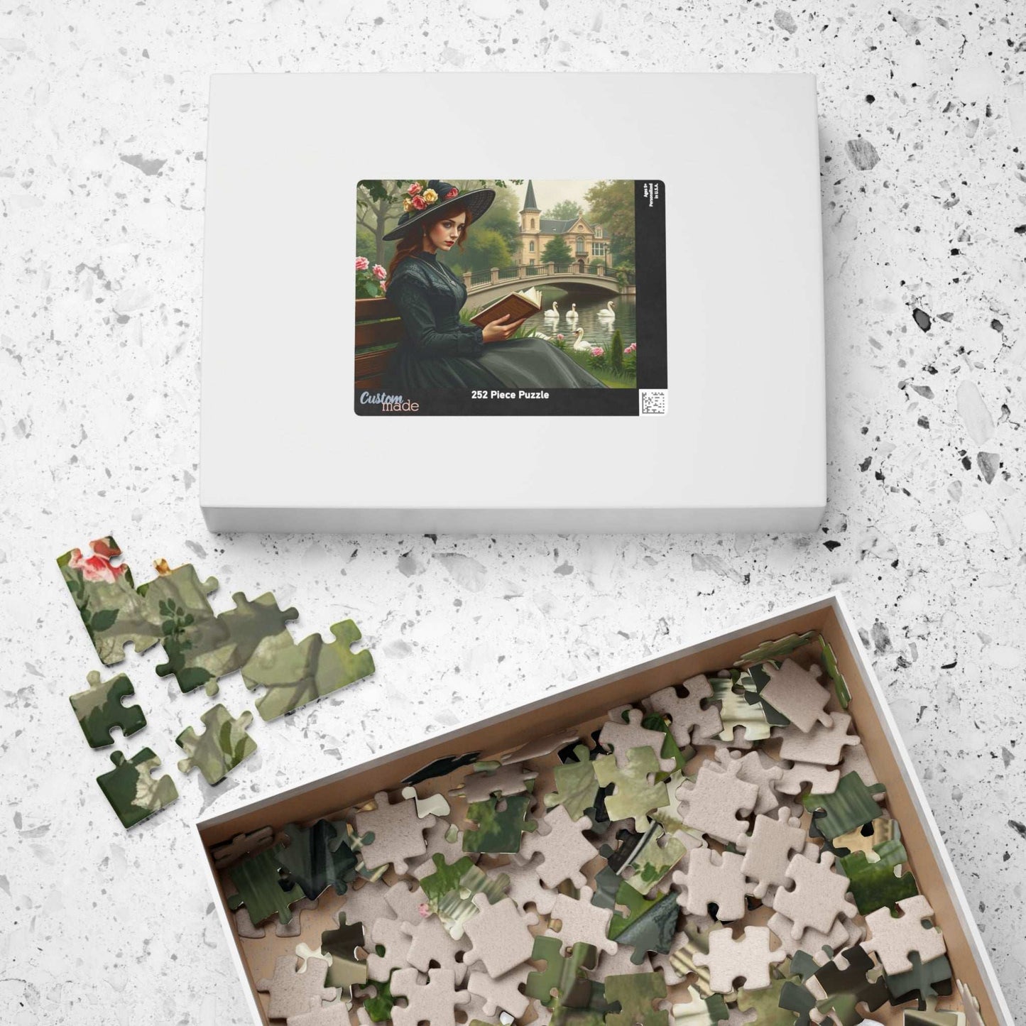 Tranquil Victorian Moment Jigsaw Puzzle - Woman Reading by a Swan-Filled Pond, Elegant 19th Century Scene Puzzle The Puzzle Chest