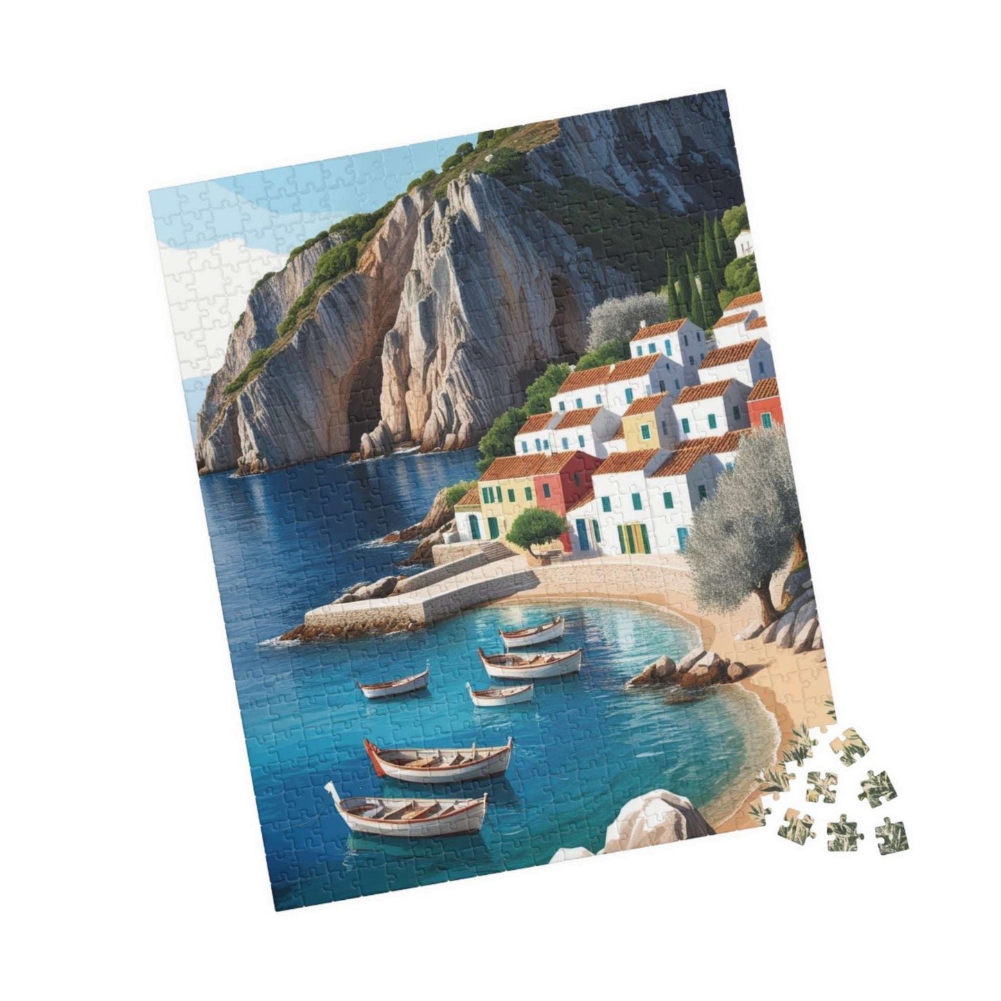 Mediterranean Fishing Village Landscape Jigsaw Puzzle - Scenic Seaside Ocean View Puzzle The Puzzle Chest