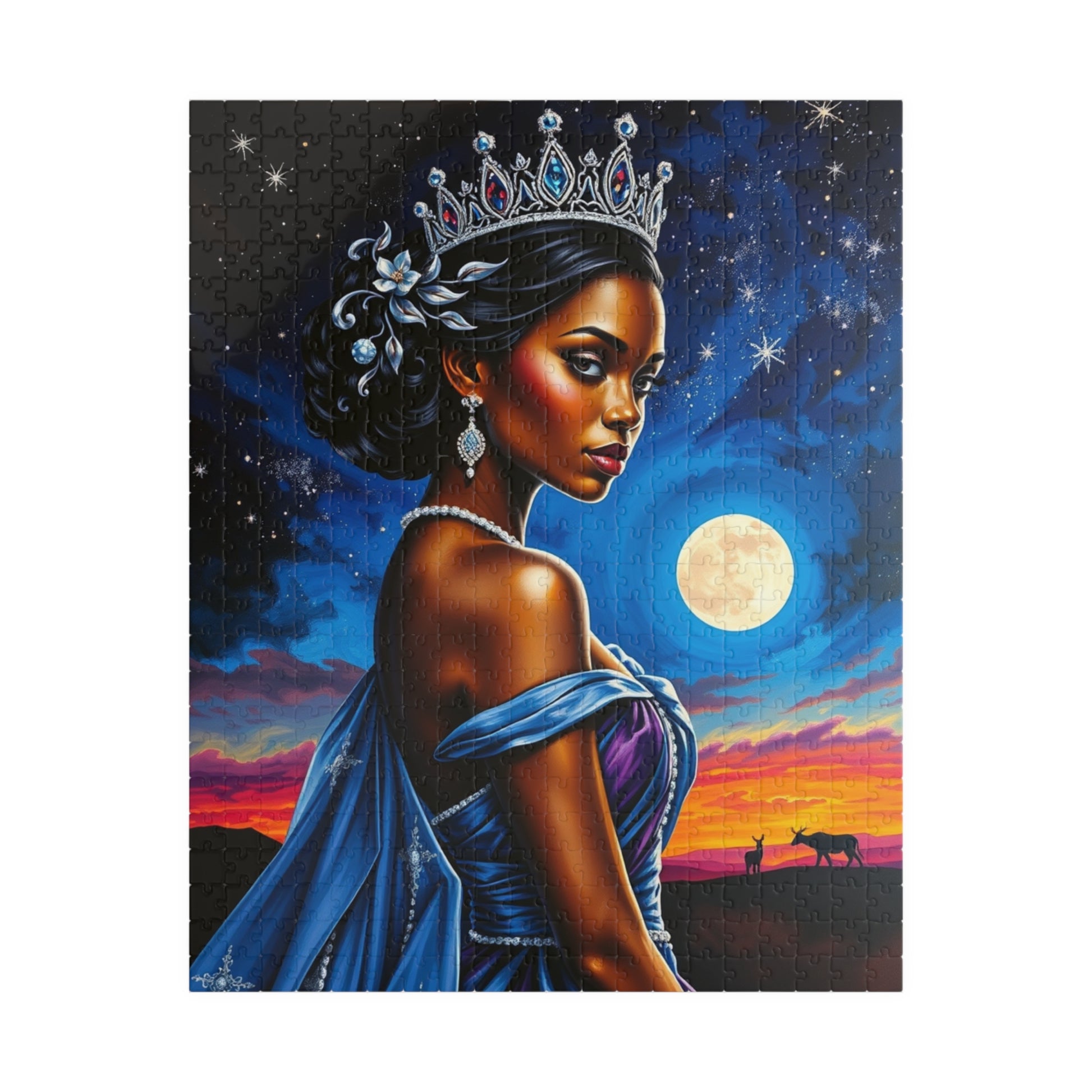 Celestial Themed African Princess Puzzle, Moon Stars Animal Silhouette, Vibrant Blue Afrocentric Game, Mindful Activity, Puzzle Lover Gift 520 pcs (Vertical) Puzzle The Puzzle Chest