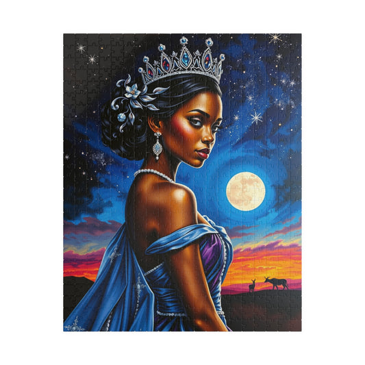 Celestial Themed African Princess Puzzle, Moon Stars Animal Silhouette, Vibrant Blue Afrocentric Game, Mindful Activity, Puzzle Lover Gift 520 pcs (Vertical) Puzzle The Puzzle Chest