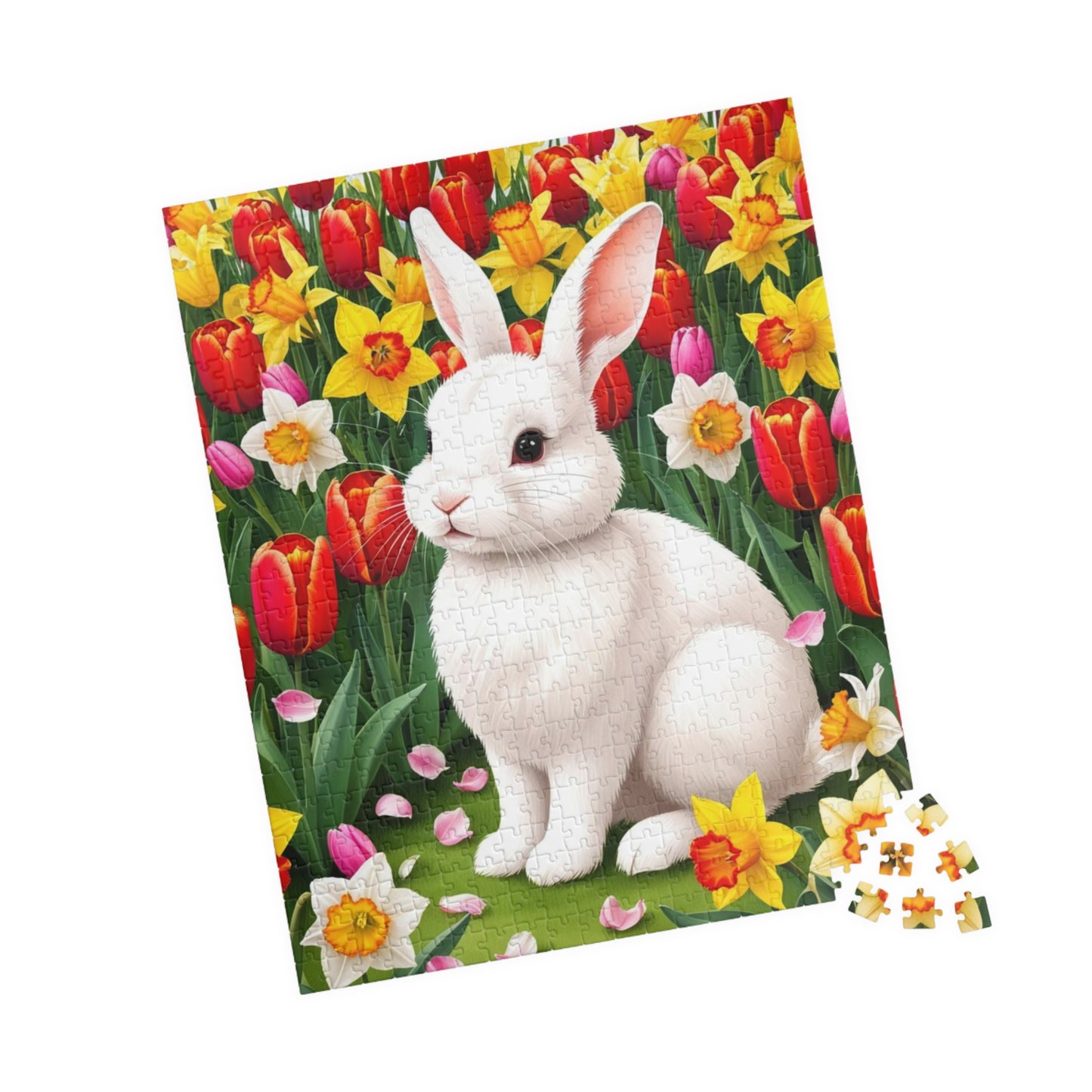 Puzzle - Fluffy Rabbit in Colorful Garden with Tulips and Daffodils, Fun Nature Jigsaw Game, Relaxing Hobby, Easter Gift, Mindful Activity Puzzle The Puzzle Chest