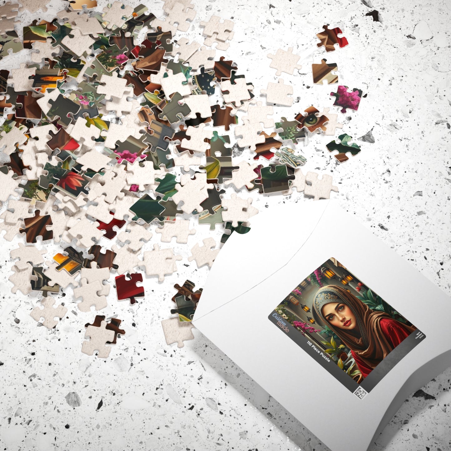 Middle Eastern Cultural Art Jigsaw Puzzle, Woman in Hijab Courtyard Scene, Hanging Lanterns Vibrant Plants, Puzzle Enthusiast Art Lover Gift Puzzle The Puzzle Chest