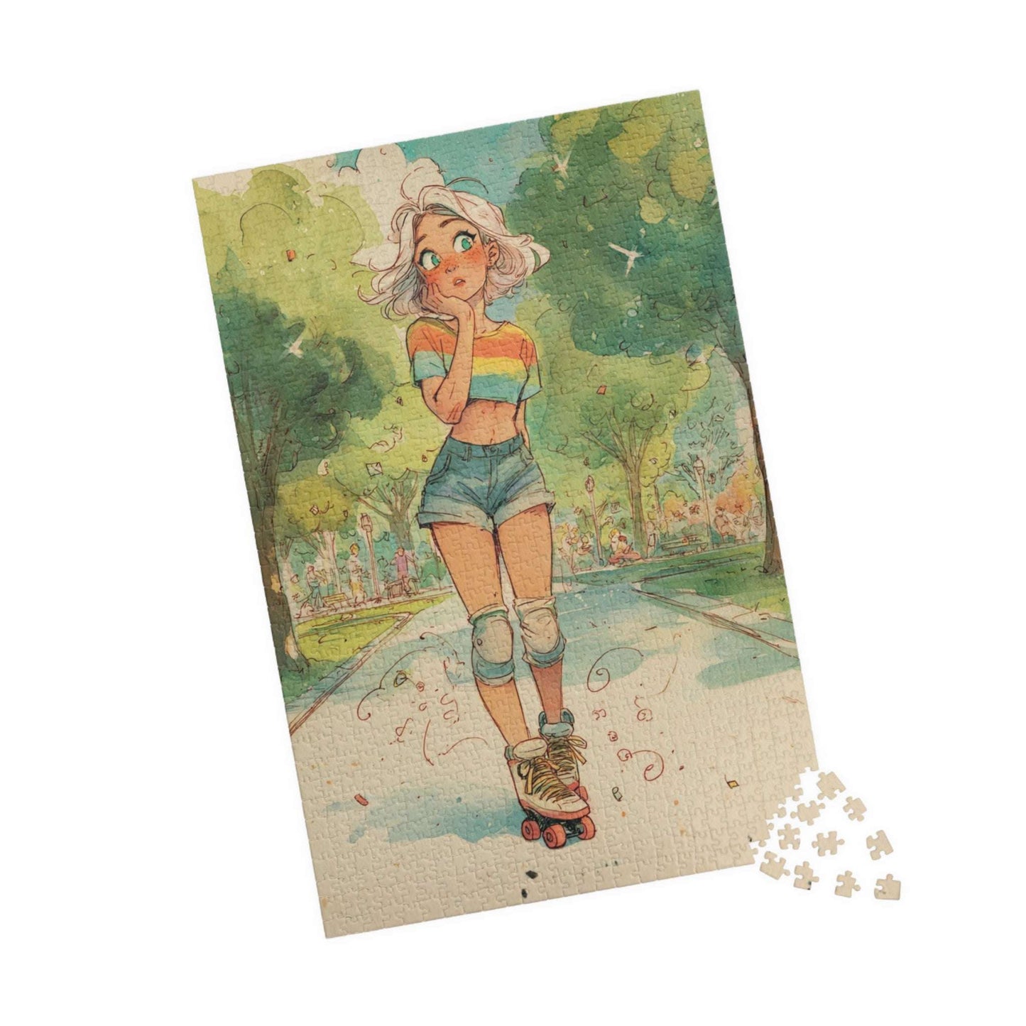Funny Roller Skating Cartoon Puzzle for Teens and Adults – Woman Skating Summer Park Scene, Whimsical Watercolor Style 1014 pcs (Vertical) Puzzle The Puzzle Chest