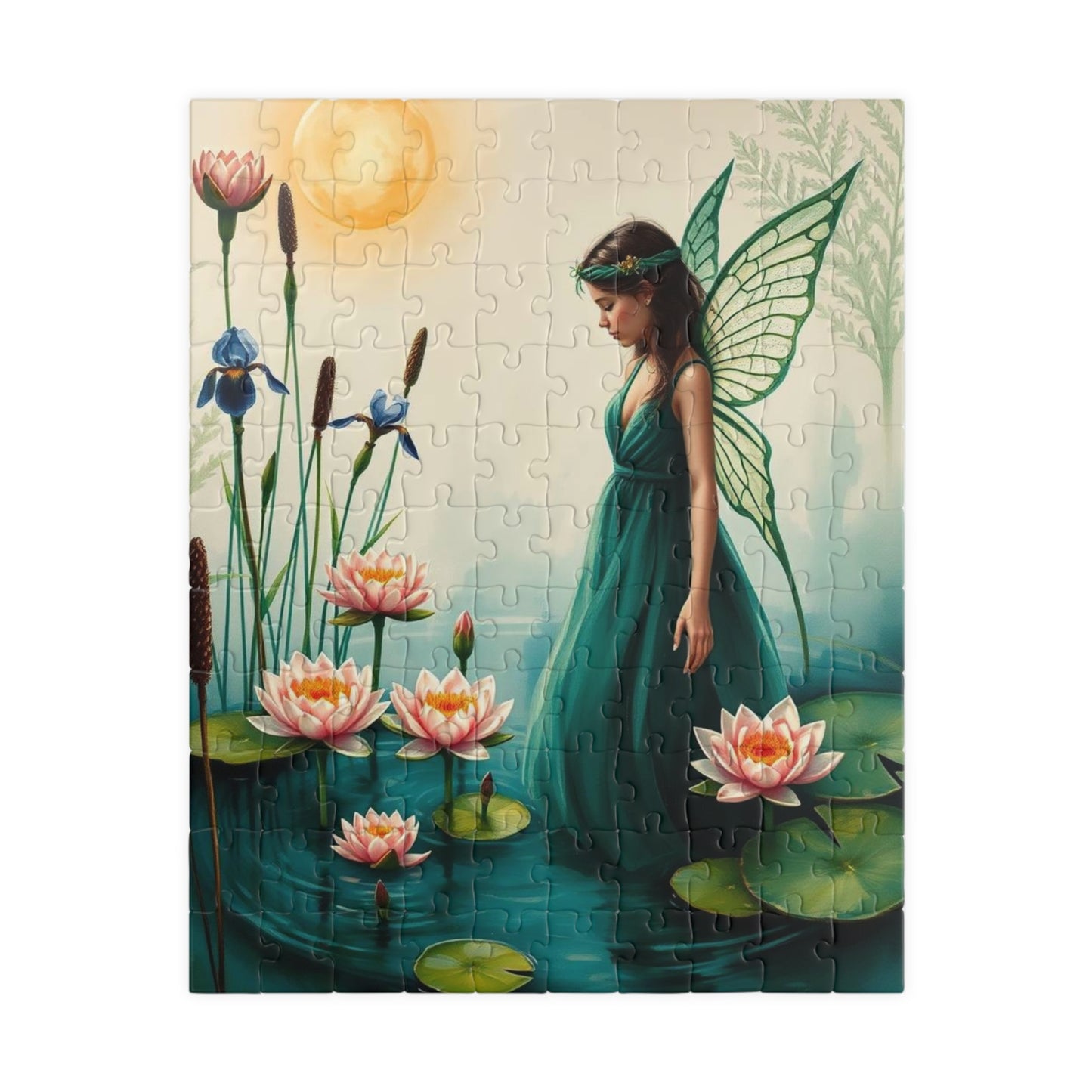 Fairy at the Lily Pond Jigsaw Puzzle - Botanical Fantasy Art in Soft Sage, 110-1014 Piece Mystical Nature Lover Gift, Family Fun Activity