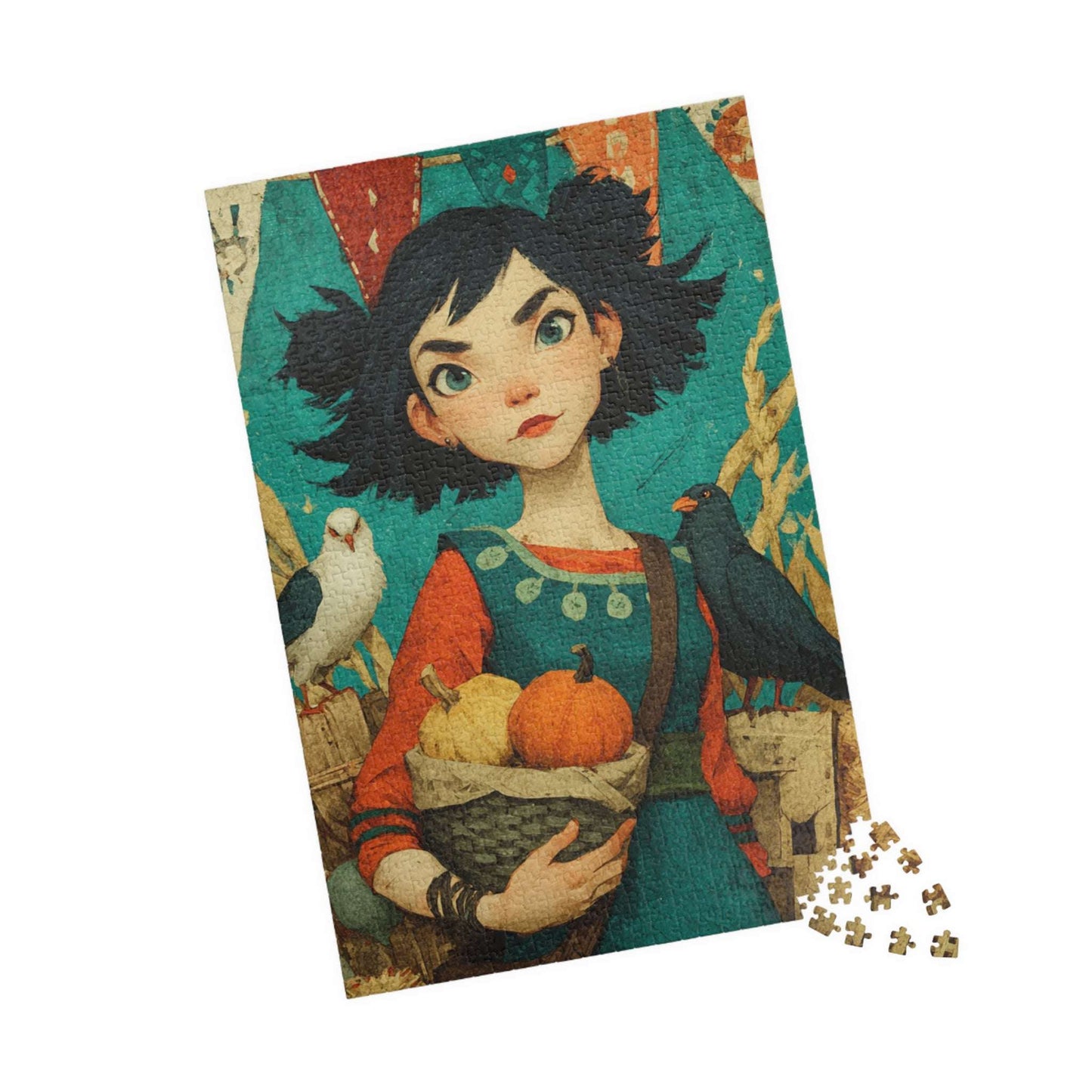 Whimsical Harvest Festival Jigsaw Puzzle - Asian Girl Fairy-Tale Autumn Scene with Doves, Gourds, Hay Bales, Crates, and Festive Banners 1014 pcs (Vertical) Puzzle The Puzzle Chest