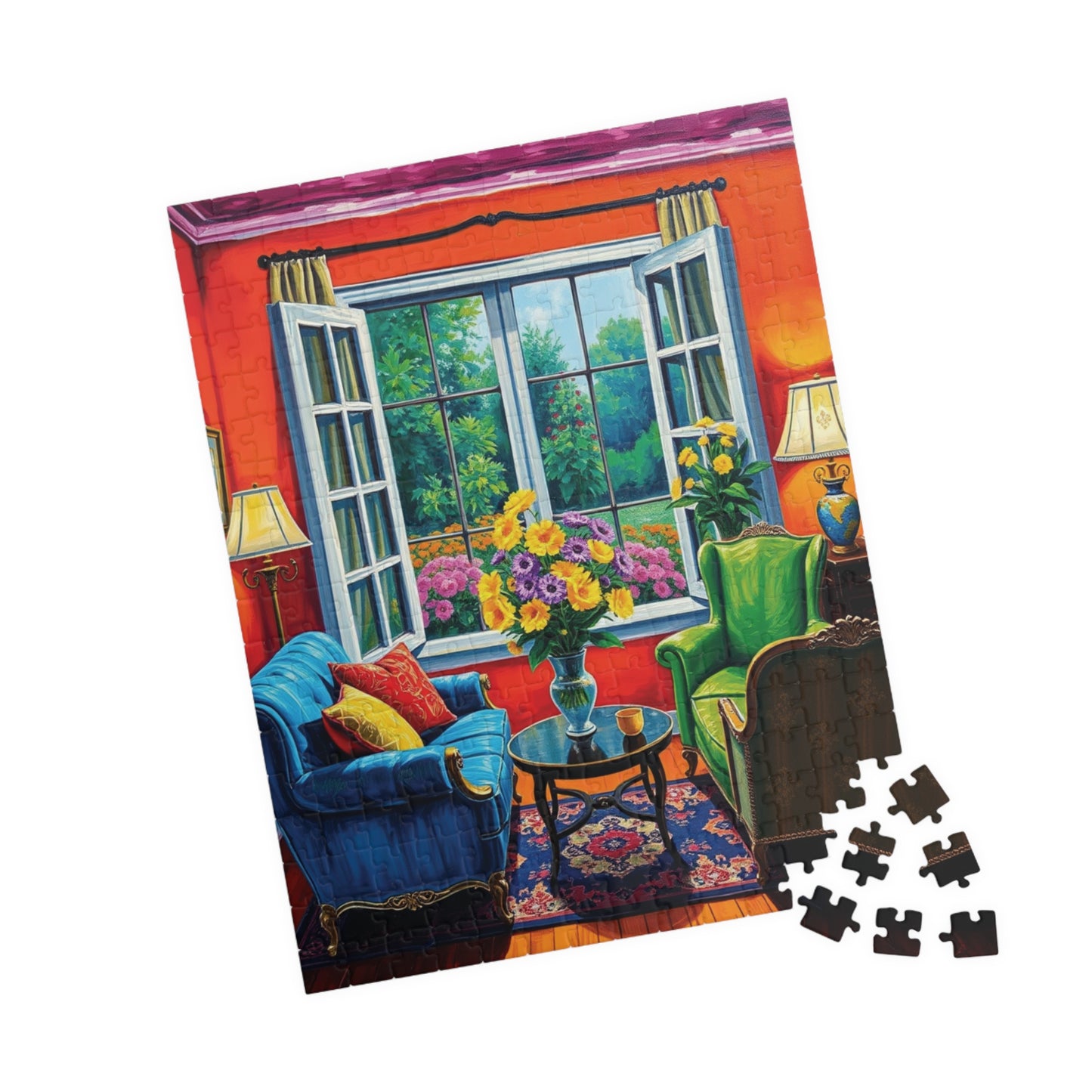 Jigsaw Puzzle, Vibrant Living Room Scene 110 252 520 1014-Piece, Red Orange Blue Green Yellow Purple Floral Wall Art Decor Game Toy, Gift Puzzle The Puzzle Chest