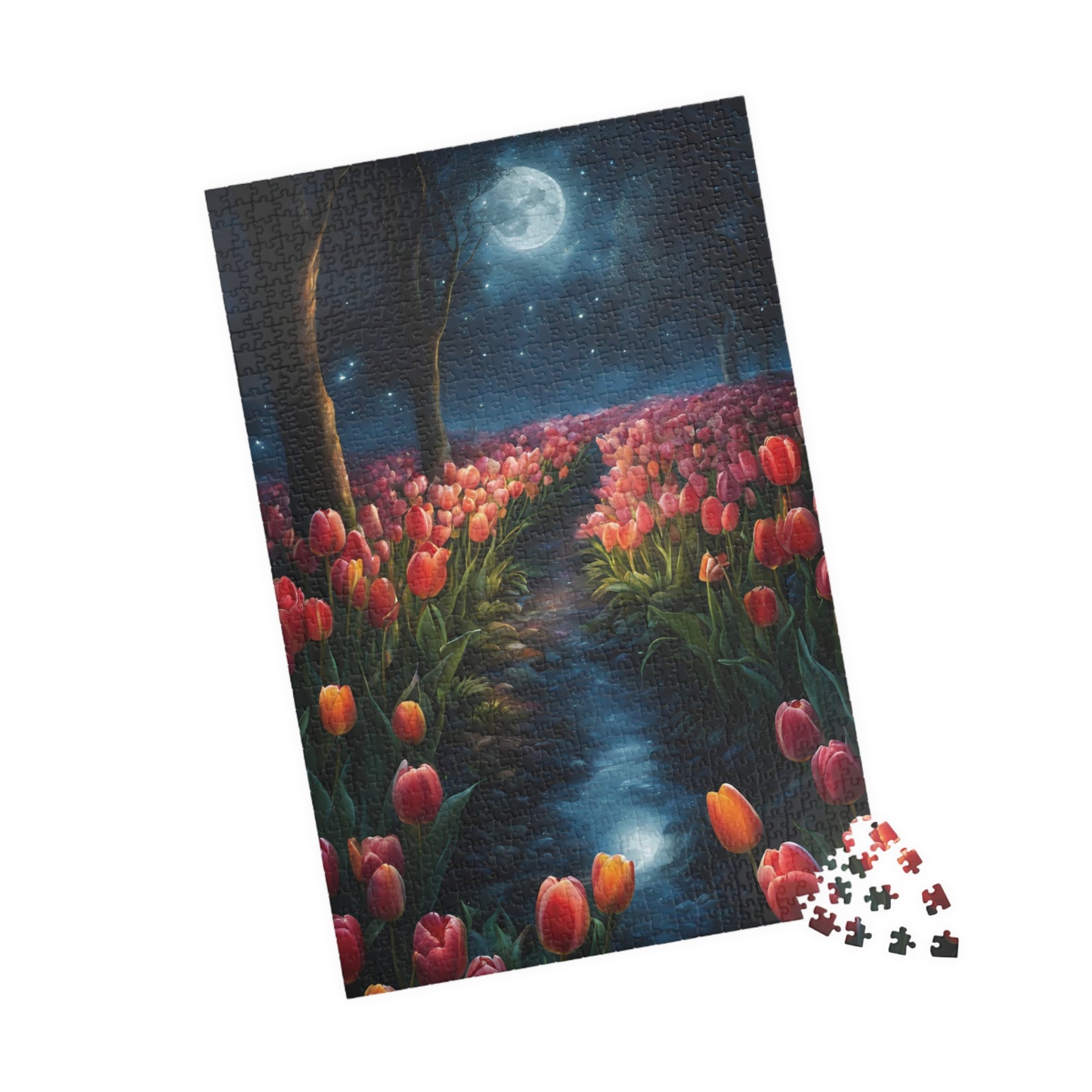 Magical Nighttime Tulip Puzzle, Peaceful Floral Scene Under the Moon, Glowing Flowers and Tranquil River Jigsaw Game, Gift for Nature Lover Puzzle The Puzzle Chest