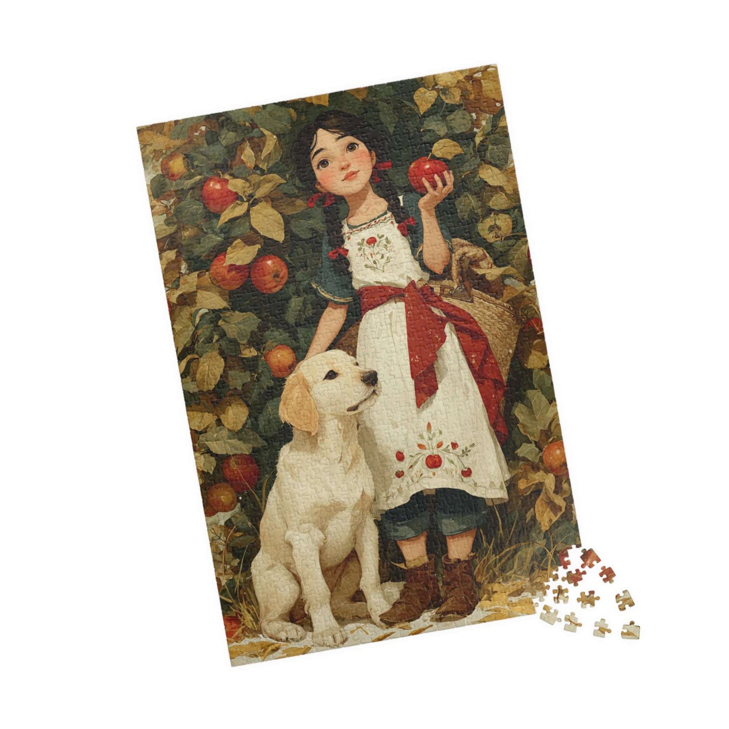Autumn Orchard Jigsaw Puzzle - Brunette Girl and Dog, Apple Picking Game for Family Night or Solo Fun, Gift, Brain Teaser 1014 pcs (Vertical) Puzzle The Puzzle Chest