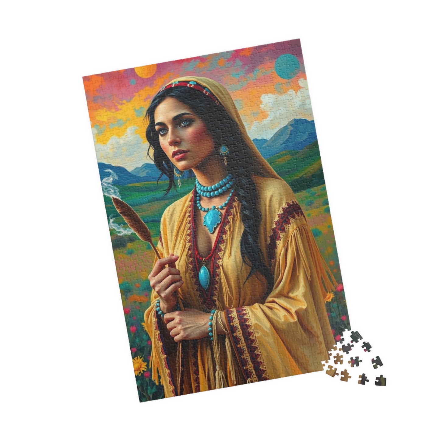 Spiritual Indigenous Bride Puzzle with Turquoise Jewelry and Smudge Stick, Colorful Landscape Wedding Jigsaw Game, Unique Puzzle Lover Gift Puzzle The Puzzle Chest