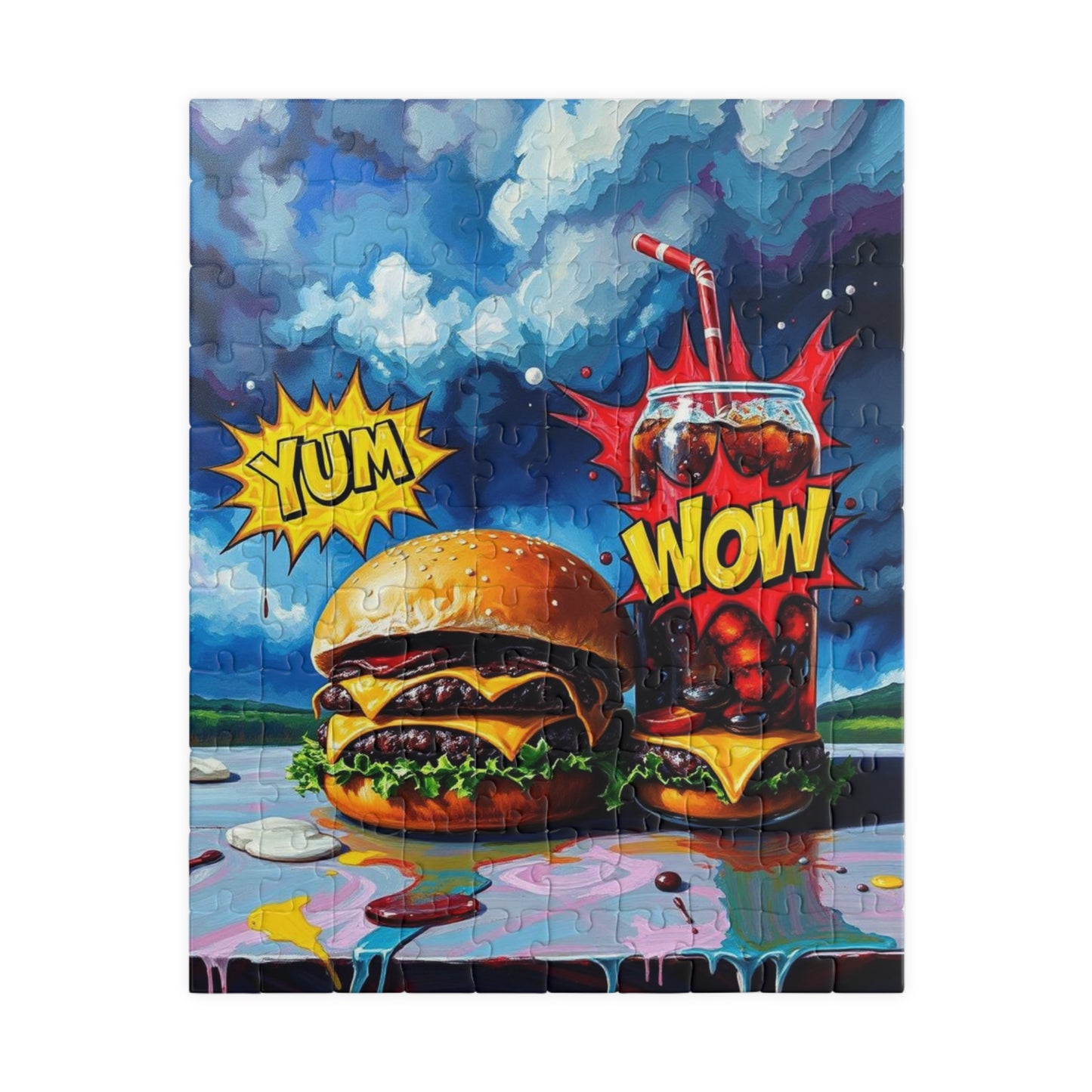 Colorful Foodie Puzzle - Yum Wow Burger and Drink Pop Art Jigsaw Puzzle for Adults, Fun Gift for Food Lovers, Game Night, Family Activity 110 pcs (Vertical) Puzzle The Puzzle Chest