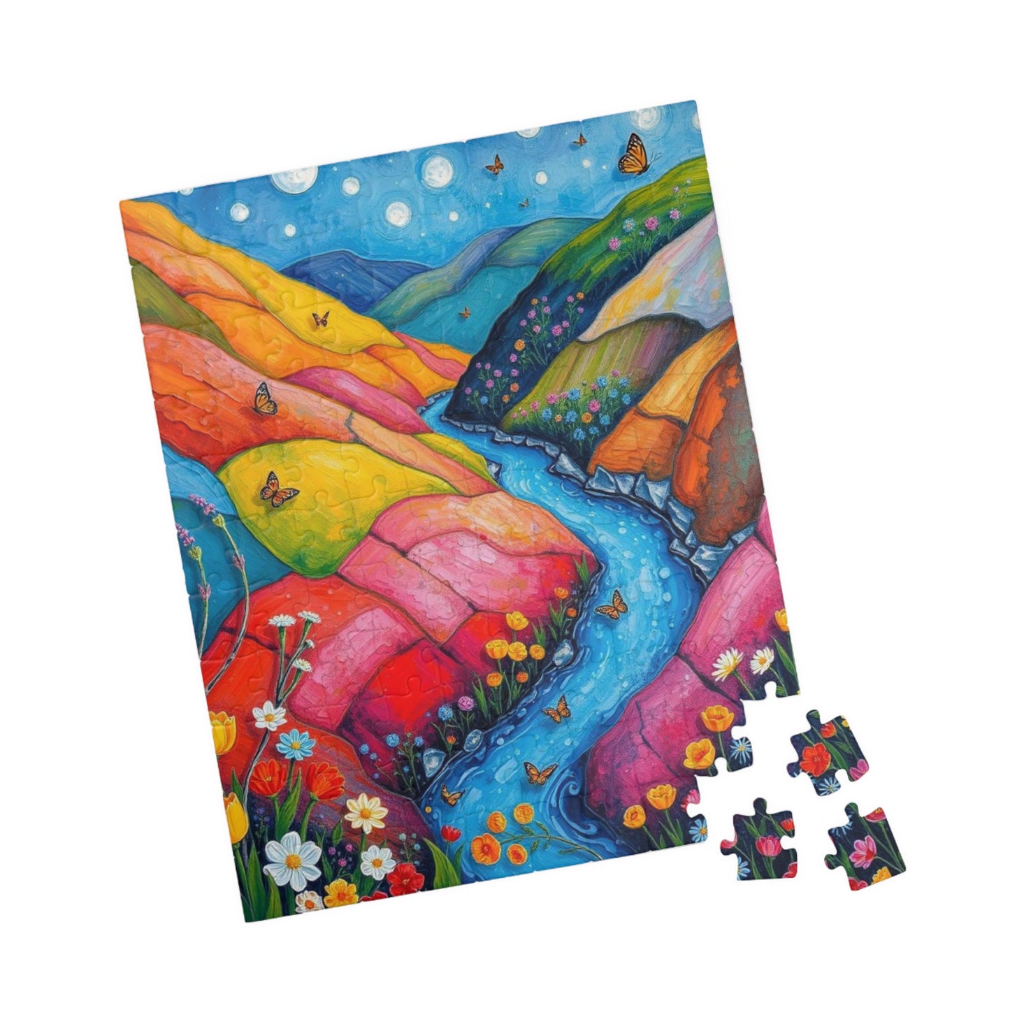 Meadow Stream Melody - River Through Candy Hill Jigsaw Puzzle Collection, Beautiful Nature Puzzle, Colorful Landscape Art, Puzzle Lover Gift, Family Fun, 110/252/520/1014 Puzzle The Puzzle Chest