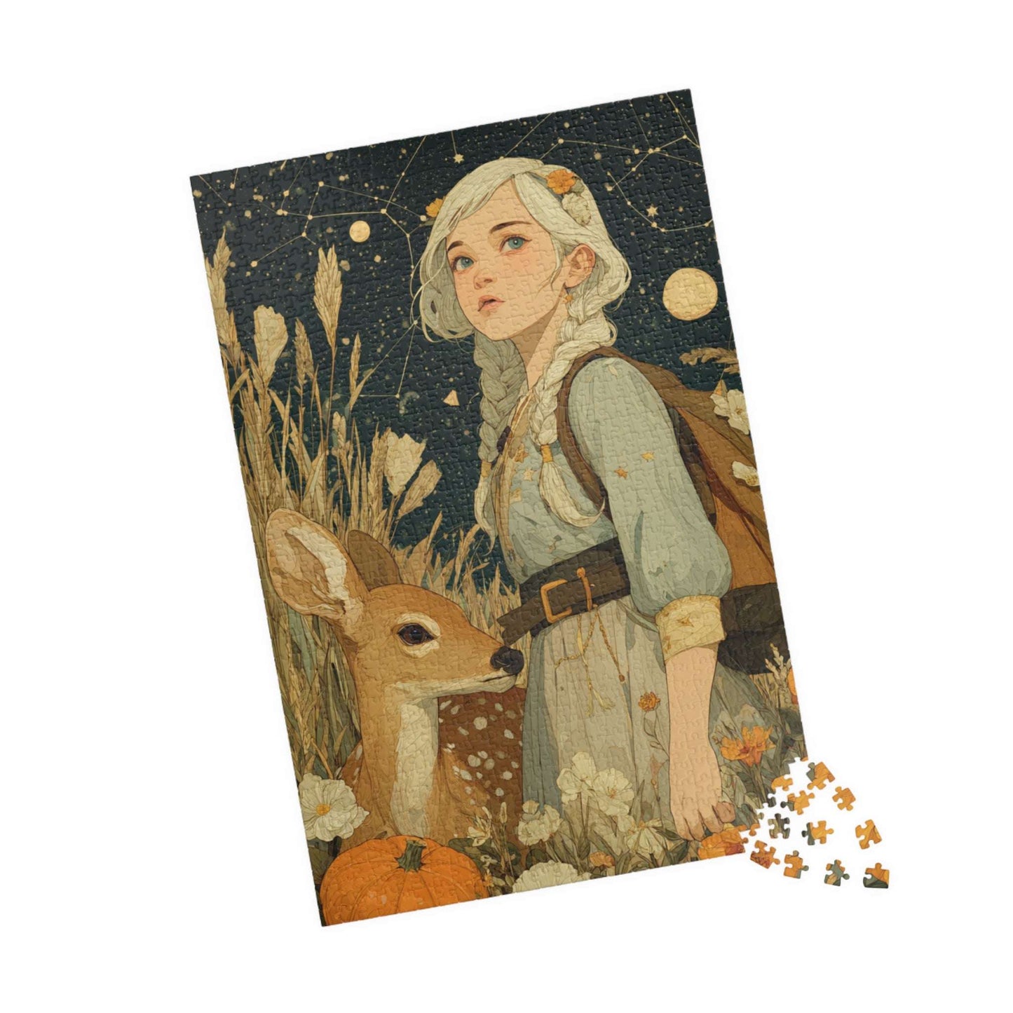 Birch Forest Fairy-Tale Jigsaw Puzzle - Golden Haired Girl and Gentle Deer, Nature Game for Adults, Fall Gift, Family Fun, Brain Teaser 1014 pcs (Vertical) Puzzle The Puzzle Chest