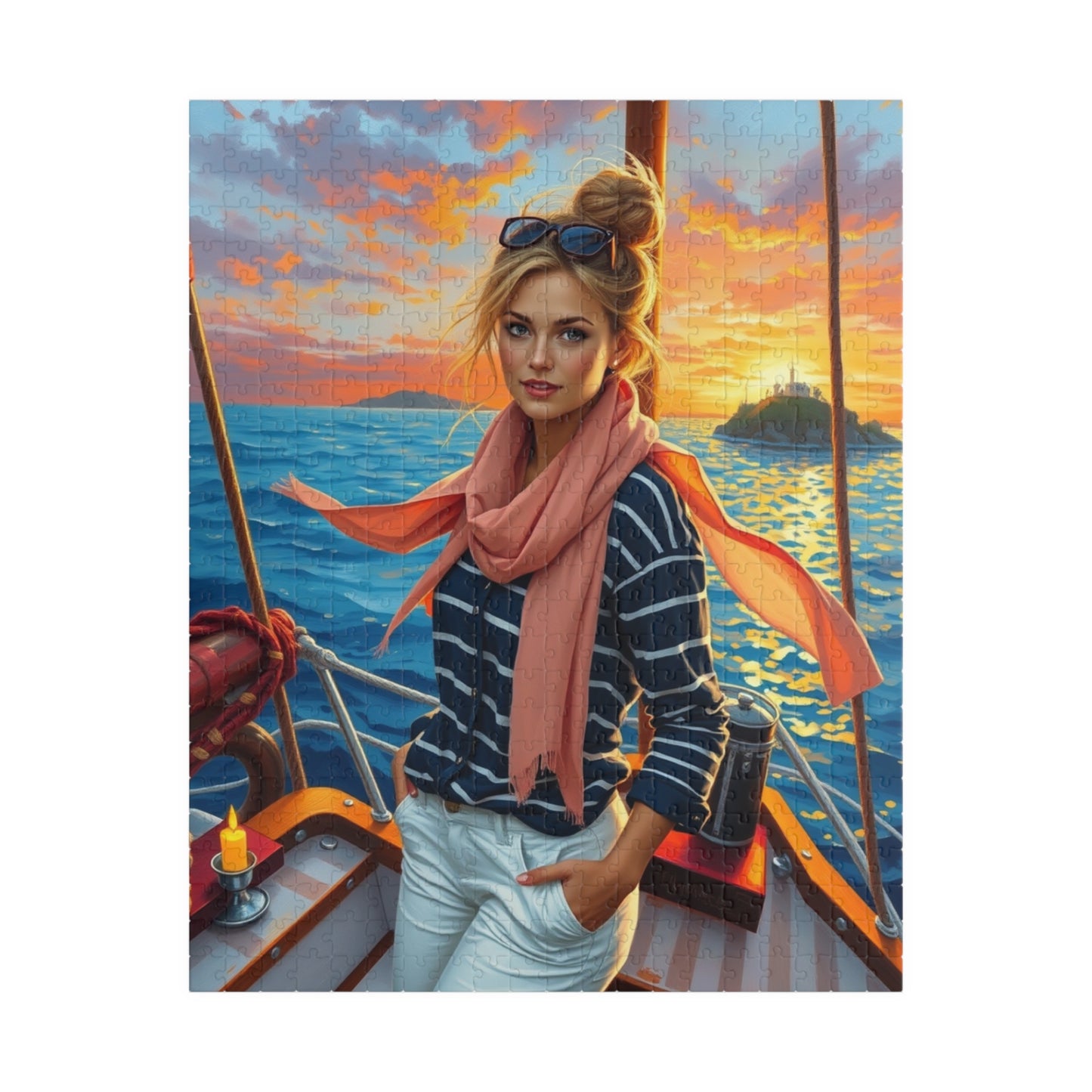 Jigsaw Puzzle, Woman on Sailboat Bow, 110 252 520 1014 Piece, Navy Striped Shirt, White Pants, Blonde Hair, Messy Bun, Fair-skinned Lady, 520 pcs (Vertical) Puzzle The Puzzle Chest