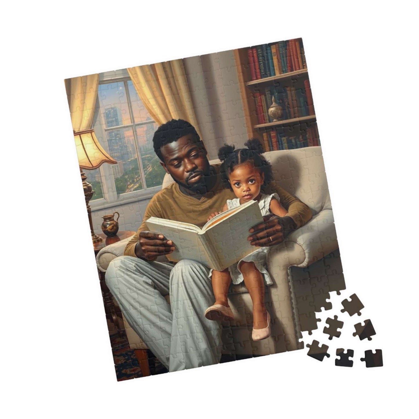 Black Family Reading Jigsaw Puzzle - African American Father and Daughter Heartwarming Scene, Afrocentric Art 252 pcs (Vertical) Puzzle The Puzzle Chest