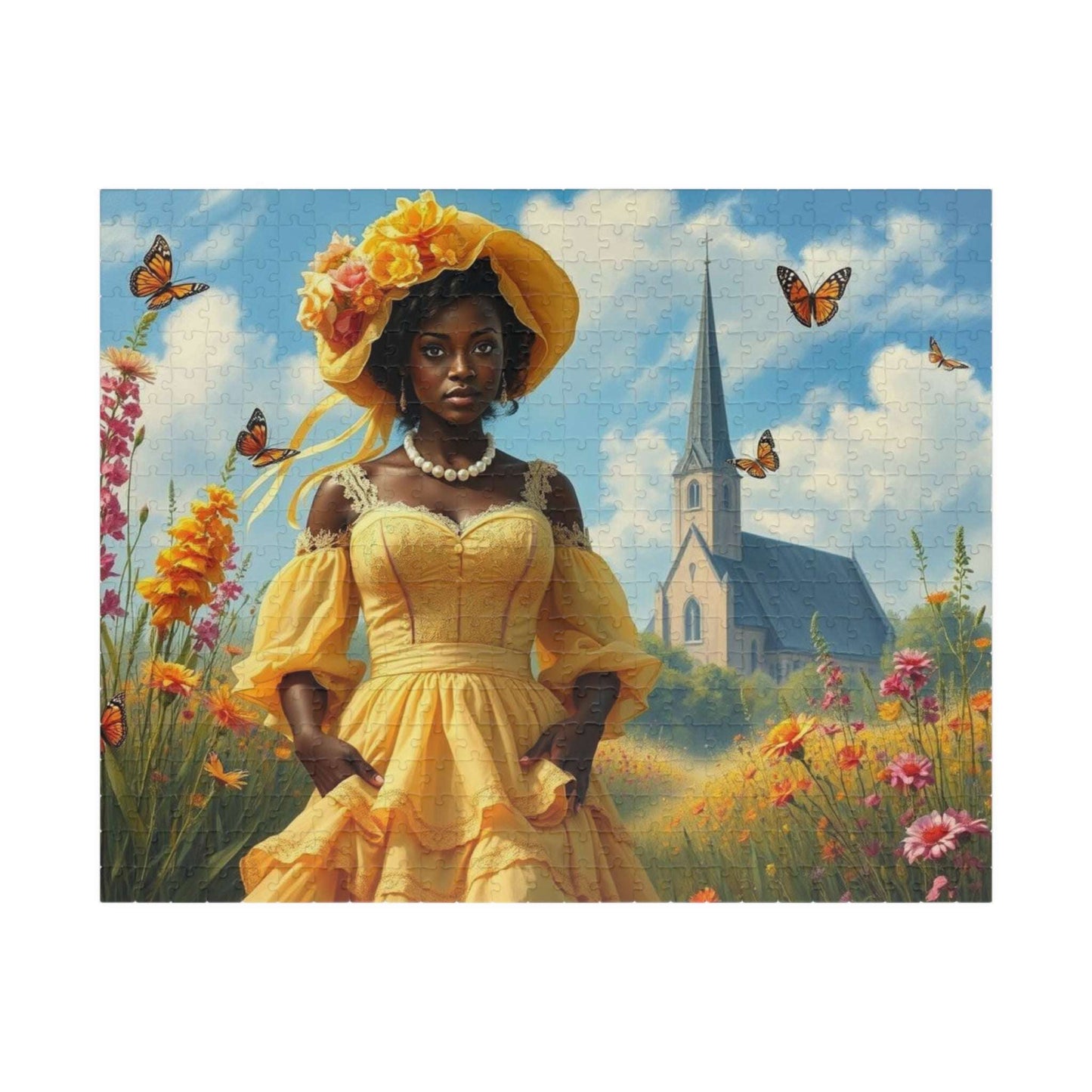 Victorian Puzzle - Black Woman in Ornate 19th-Century Dress in Wildflower Field, Afrocentric Art Puzzle The Puzzle Chest