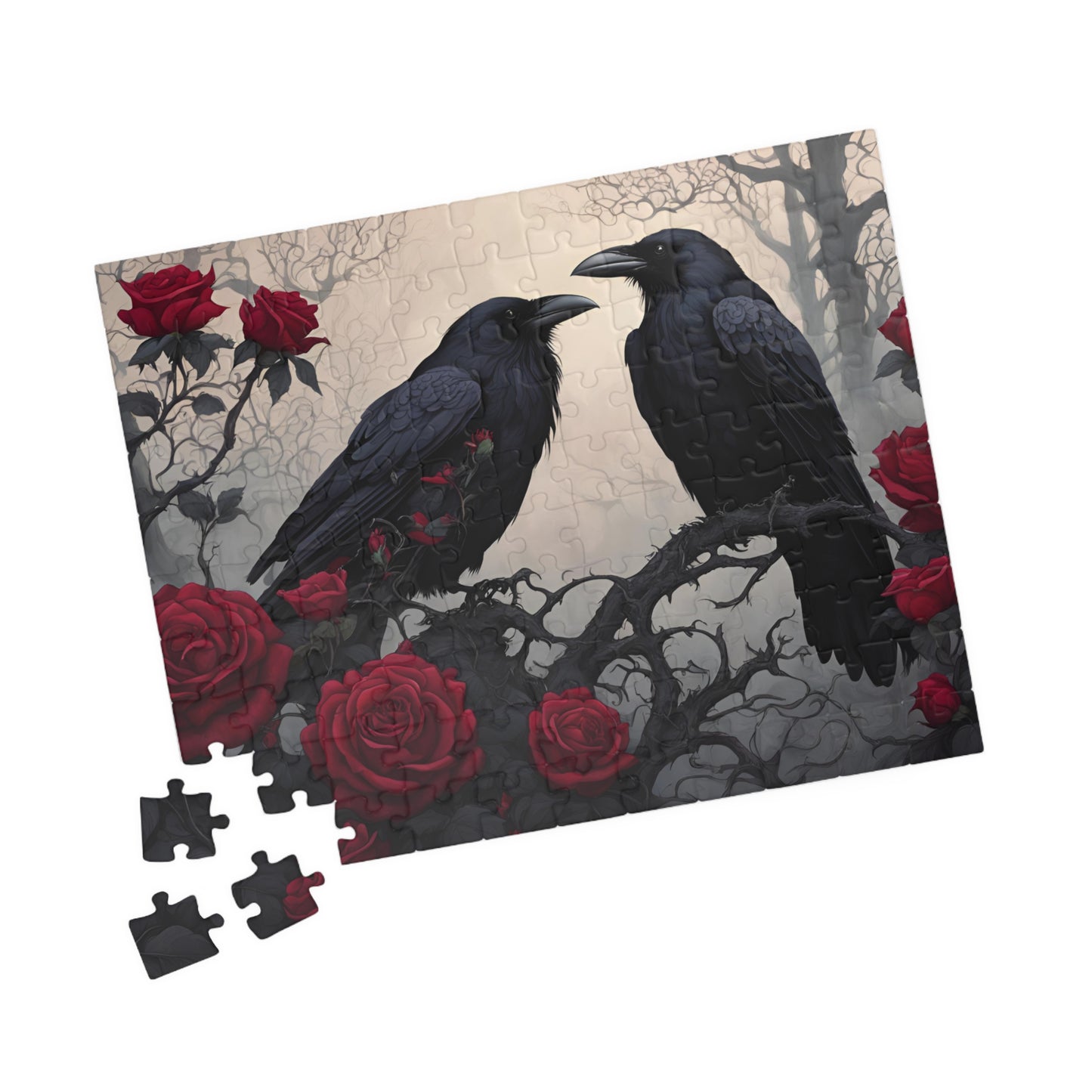 Gothic Raven and Crimson Roses Puzzle, Hauntingly Beautiful Dark Fantasy Art Jigsaw Game, Mind Challenge, Artistic Hobby, Puzzle Lover Gift 110 pcs (Horizontal) Puzzle The Puzzle Chest