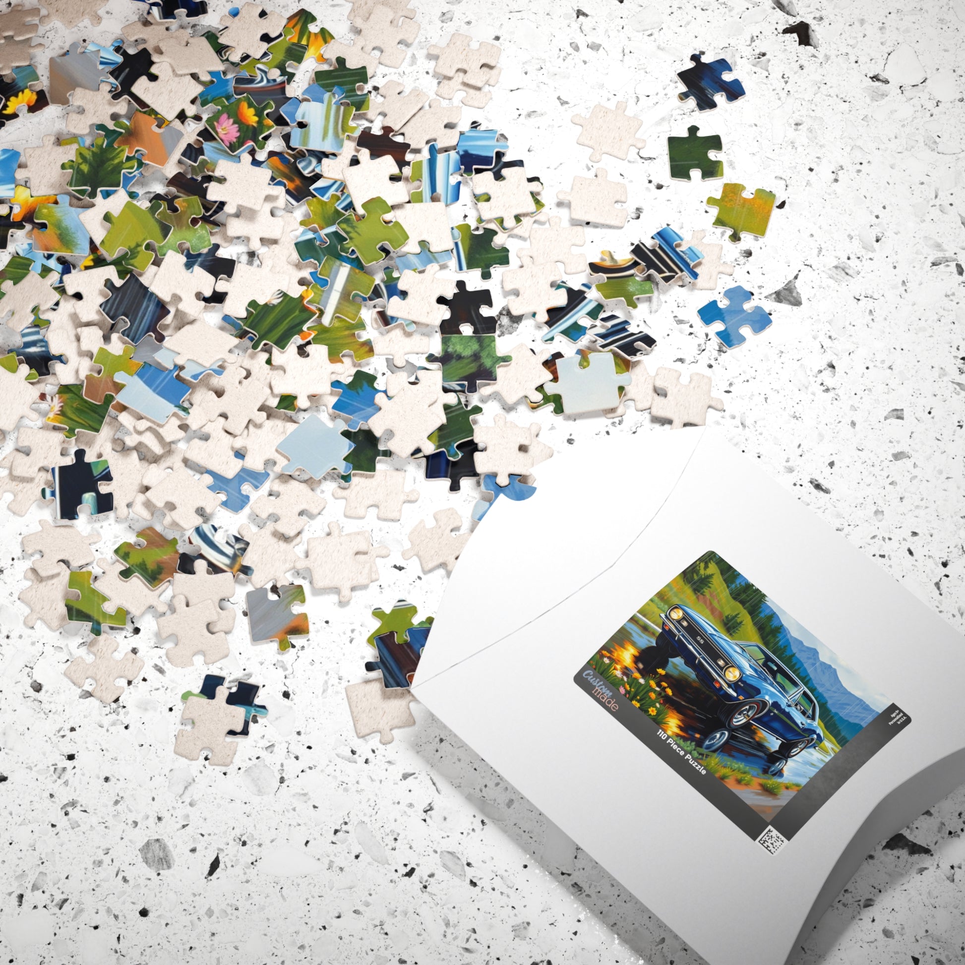 Vintage Muscle Car Jigsaw Puzzle, 1967 Camaro Classic Vehicle on Rainy Road Trip Scenic Art Puzzle The Puzzle Chest