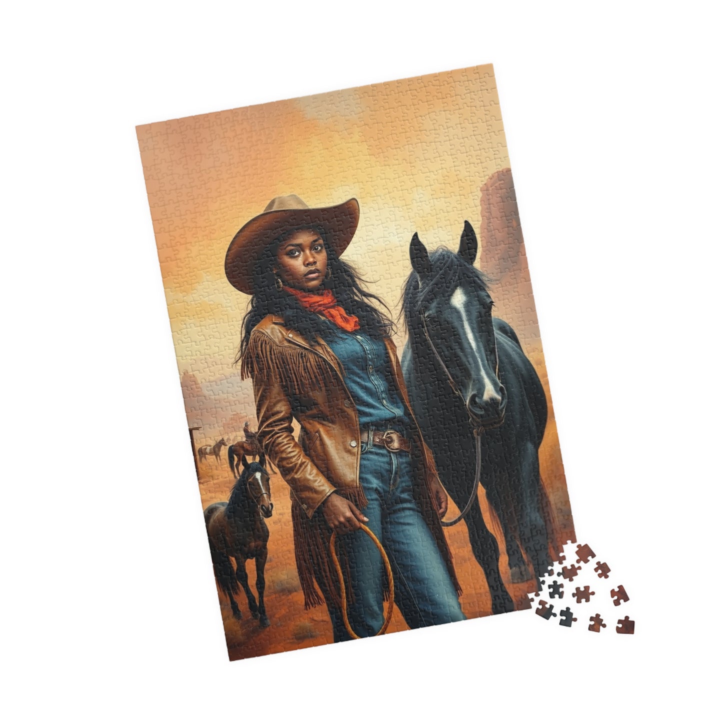 Black Cowgirl Puzzle (110-1014 Piece), Western Landscape with Horse and Saloon Jigsaw Game, Wild West Frontier Desert Scene with Mustangs 1014 pcs (Vertical) Puzzle The Puzzle Chest