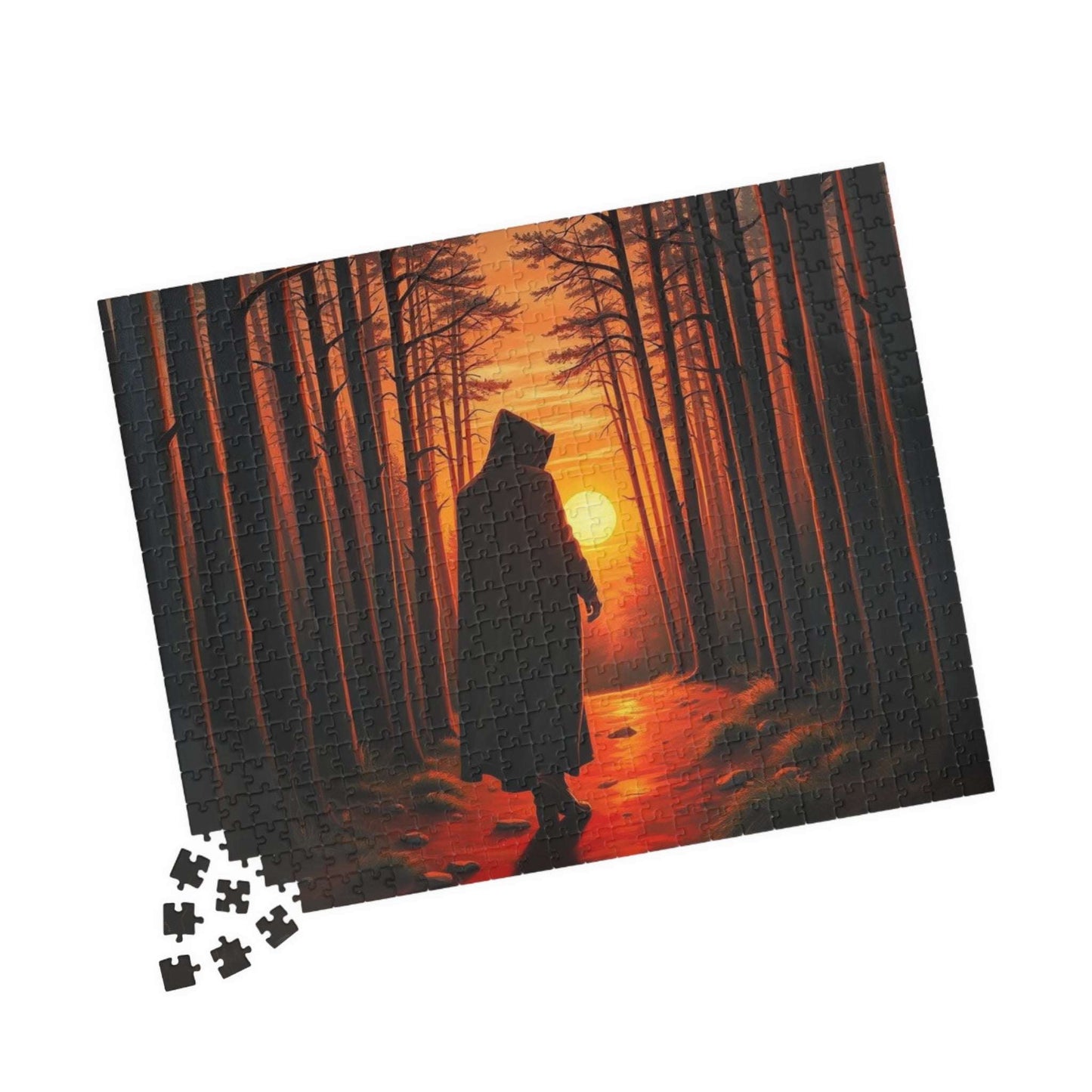 The Silent Passage Jigsaw Puzzle - Cloaked Figure Hollow Grove Eerie Sunset, Gothic Puzzle, Moody Landscape Puzzle, Dark Fantasy Art Puzzle Puzzle The Puzzle Chest