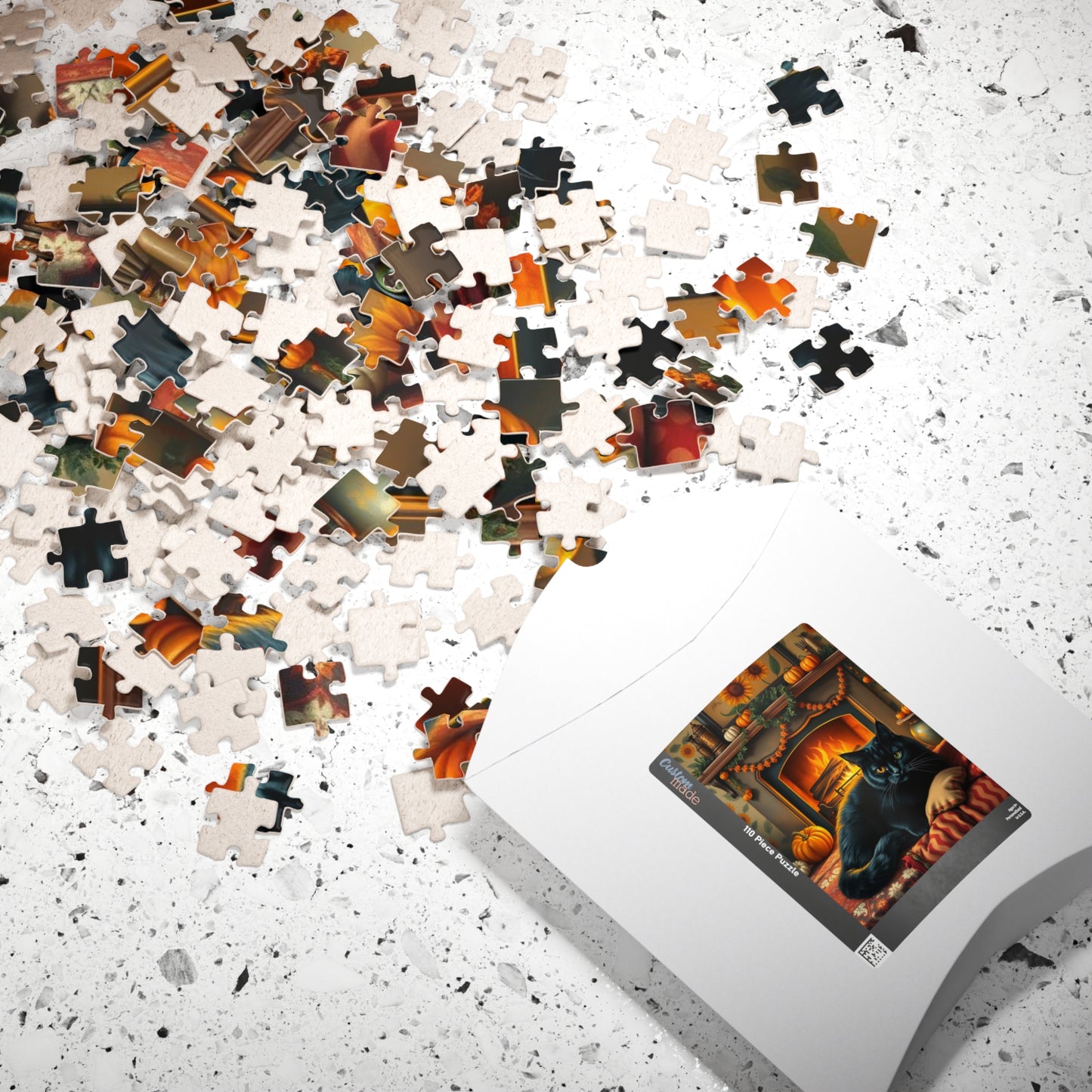 Hearthside Patch Paw Jigsaw Puzzle, Cozy Autumn Adult Folk Art Game with Black Cat and Pumpkins, Gift for Cat Lover, Fall Decor, Family Fun
