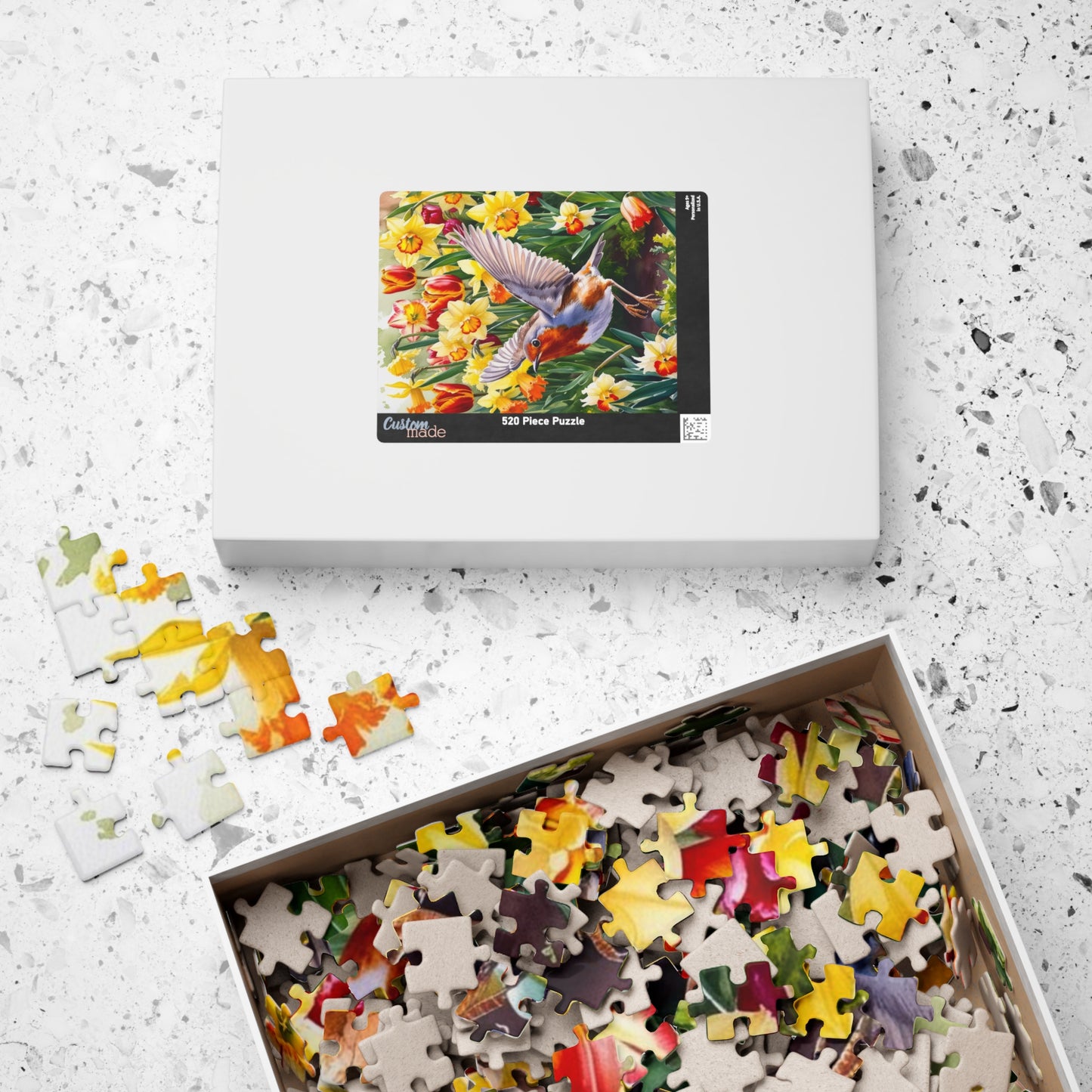 Robin Bird Flying Garden Puzzle, Tulips Daffodils Spring Landscape Jigsaw, 110 252 520 1014 Piece Game, Relaxation Hobby Gift, Nature Puzzle The Puzzle Chest