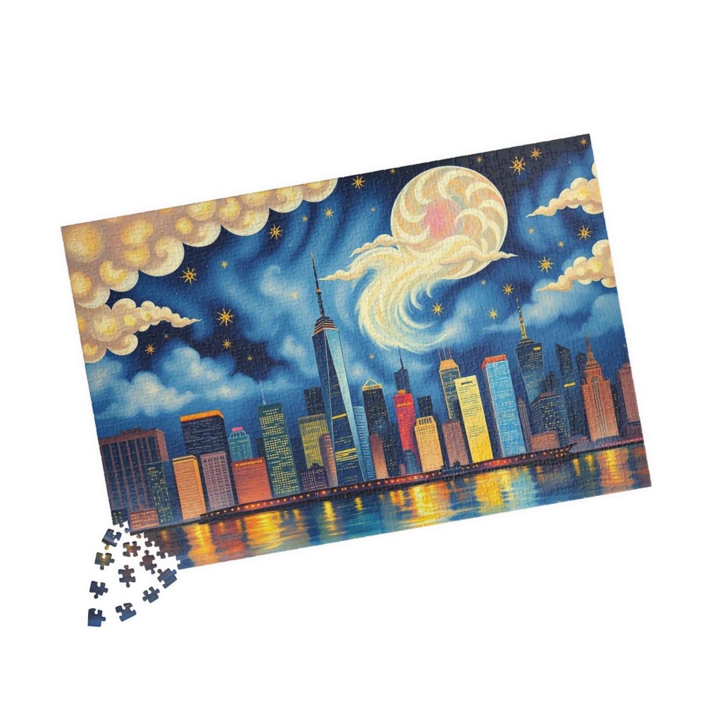 Manhattan City Skyline at Night Jigsaw Puzzle – Urban Landscape Brain Teaser Game for Adults & Teens 1014 pcs (Horizontal) Puzzle The Puzzle Chest