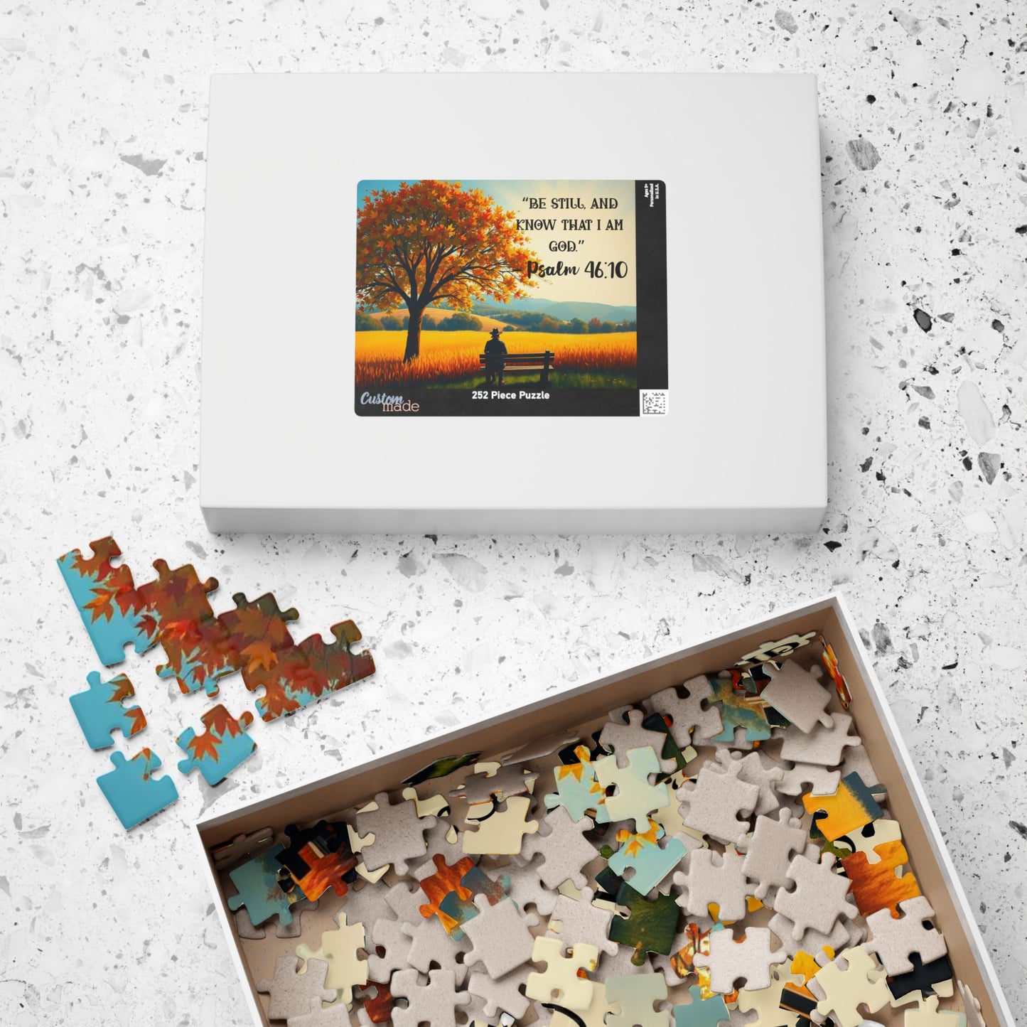 Faith and Stillness Jigsaw Puzzle – Serene Fall Landscape with Wheat Field and Bench, Bible Verse Psalm 46:10, Inspirational Gift for Friends Puzzle The Puzzle Chest