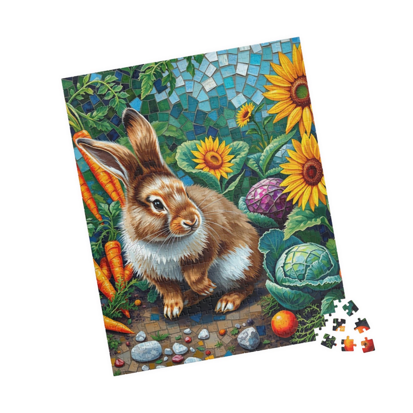 Fluffy Bunny Garden Mosaic Puzzle, Rabbit Near Carrots Cabbage and Sunflowers, Nature Animal Theme Jigsaw Game for Children and Adults, Gift Puzzle The Puzzle Chest