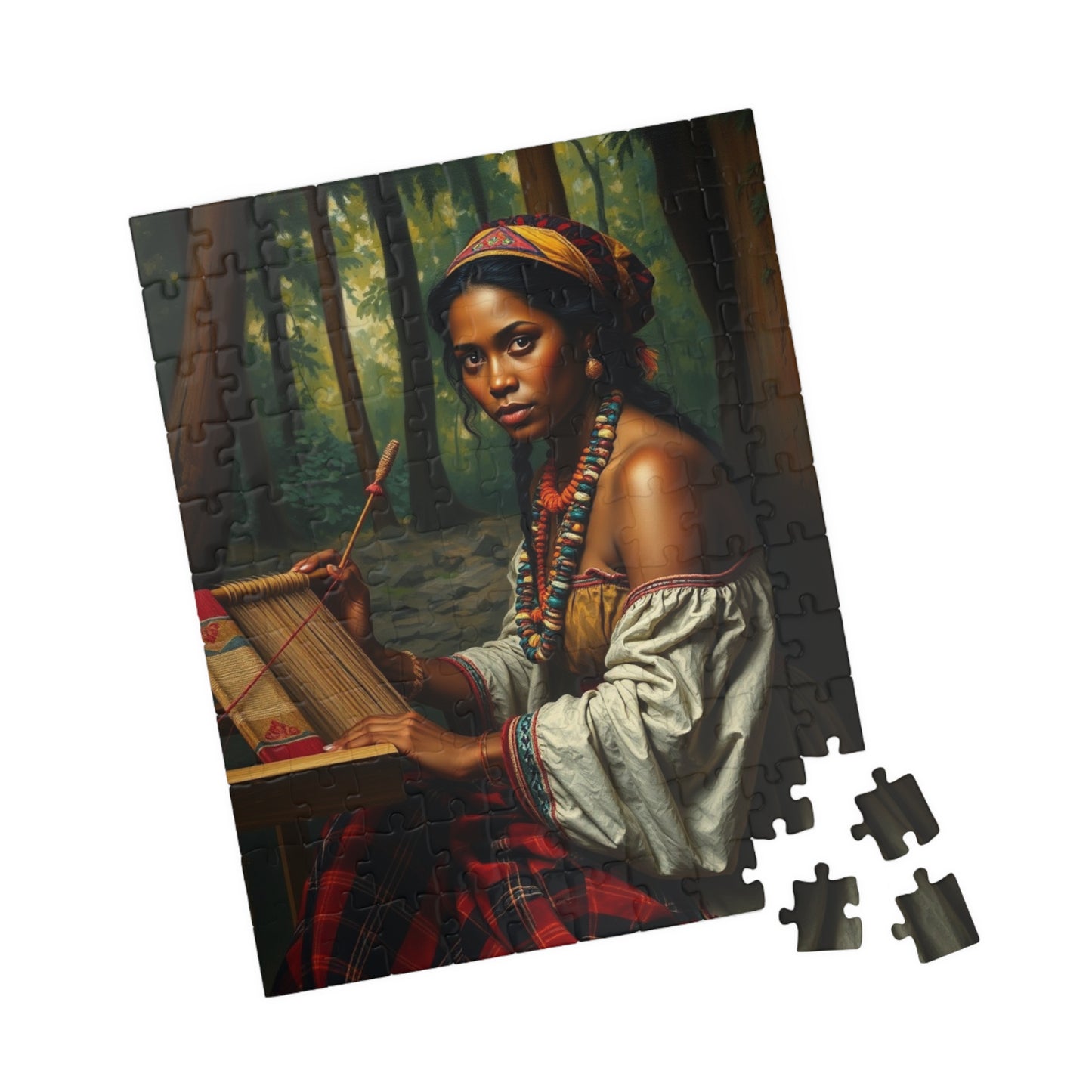 Puzzle of Indigenous Woman Weaving on a Loom in Nature, Cultural Ethnic Art Forest Scene, Family Friendly Jigsaw Game, Puzzle Lover Gift Puzzle The Puzzle Chest