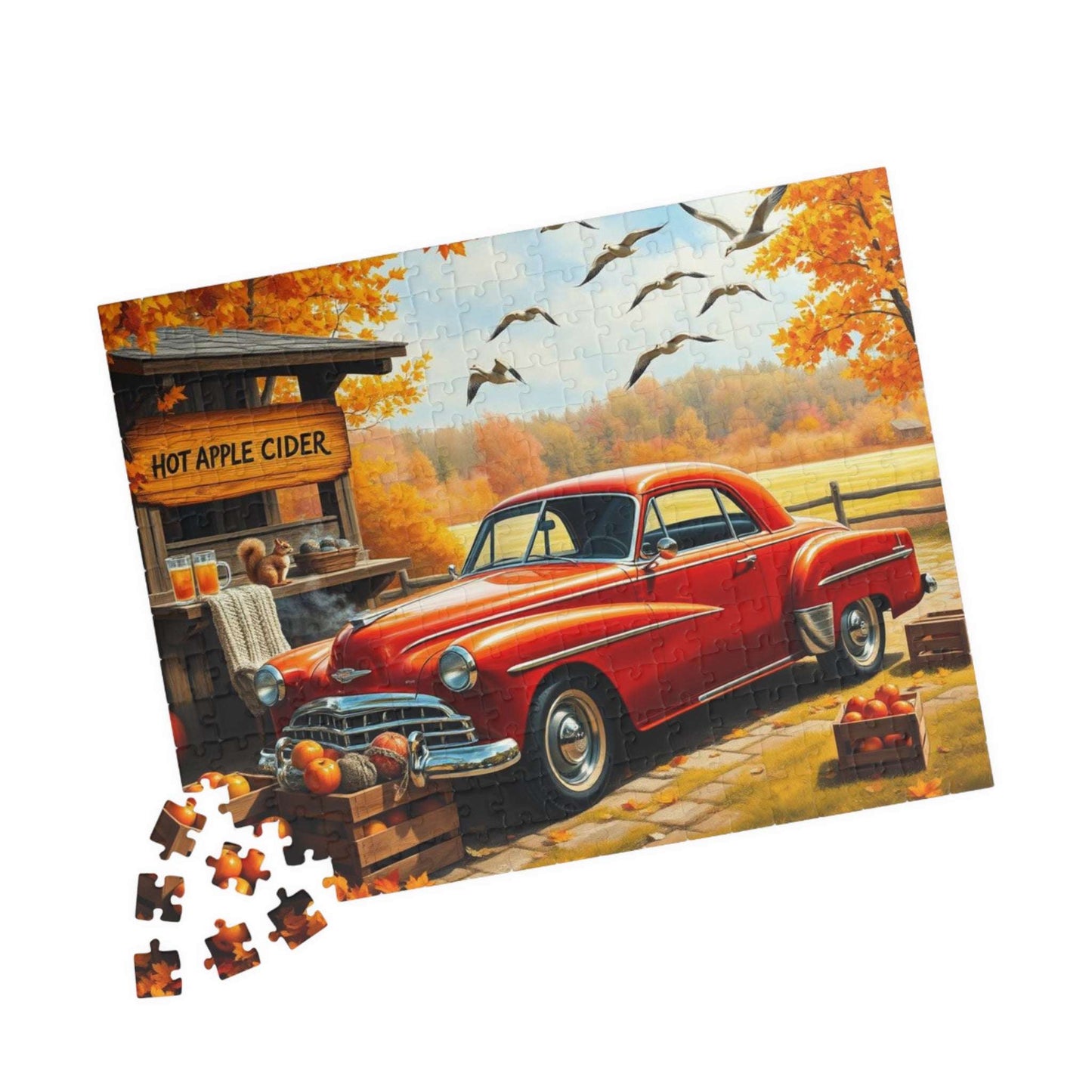 Apple Cider Stand Stop Fall Themed Jigsaw Puzzle - Retro Car Scene, Family Fun Activity, Autumn Decor Gift, Cozy Indoor Entertainment