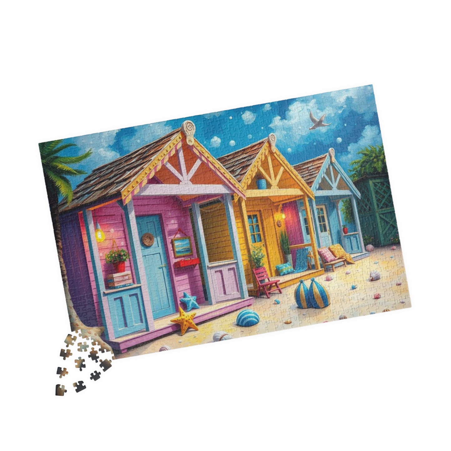 Beach Puzzle with Pastel Huts, Coastal Jigsaw Puzzle for Adult, 110-1014 Pieces Seaside Puzzle Fun Family Game, Friend Gift for Puzzle Lover Puzzle The Puzzle Chest
