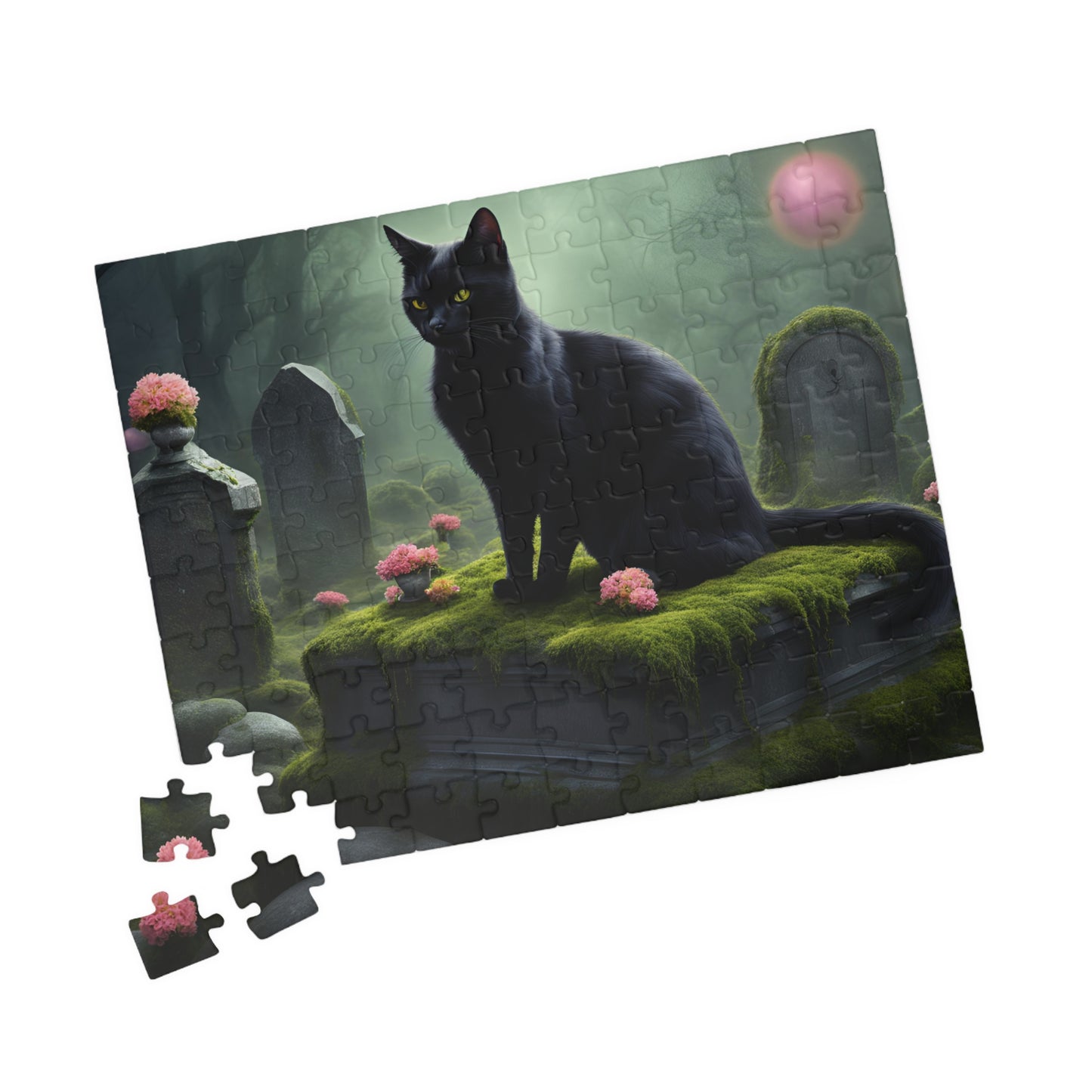 Gothic Cat Puzzle (110-1014 Piece), Black Kitten on Tombstone, Eerie Graveyard Jigsaw Game, Halloween Activity, Gift for Animal Cat Lovers Puzzle The Puzzle Chest