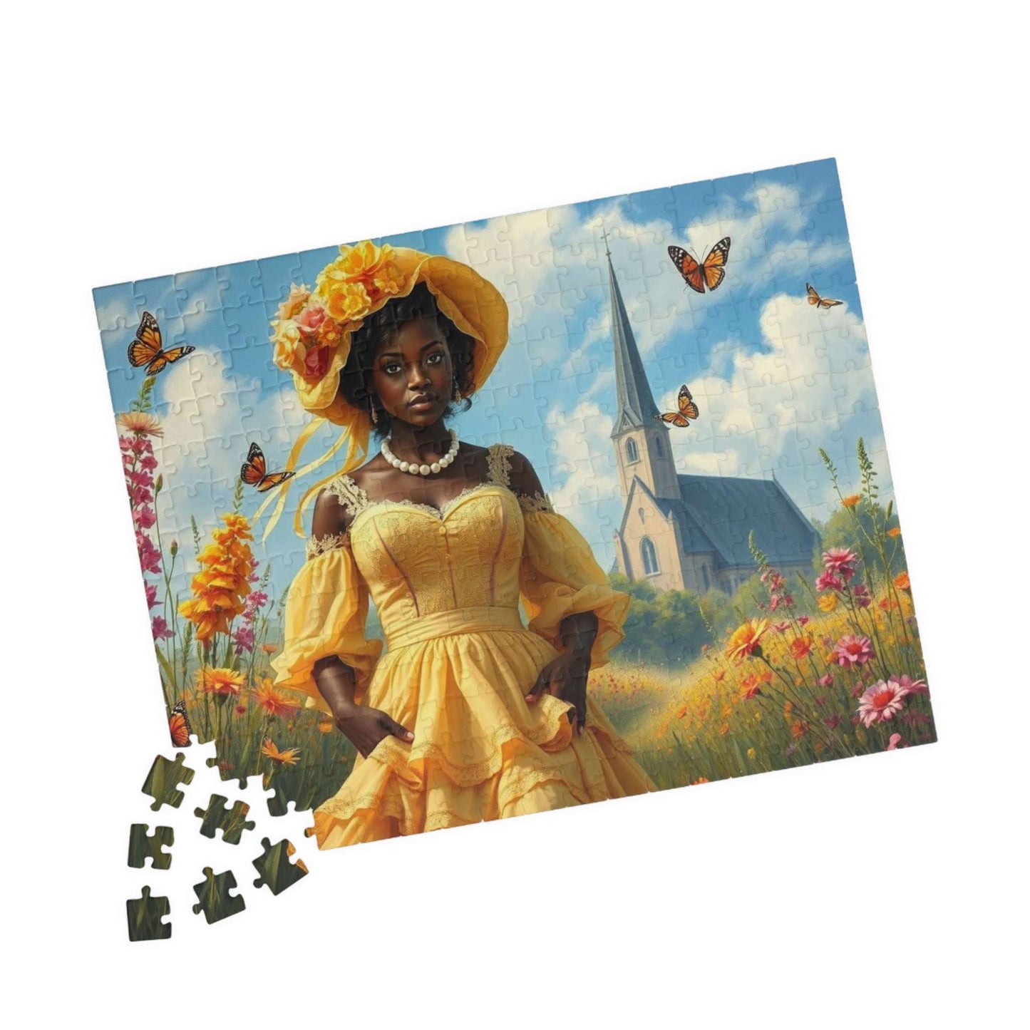 Victorian Puzzle - Black Woman in Ornate 19th-Century Dress in Wildflower Field, Afrocentric Art 252 pcs (Horizontal) Puzzle The Puzzle Chest