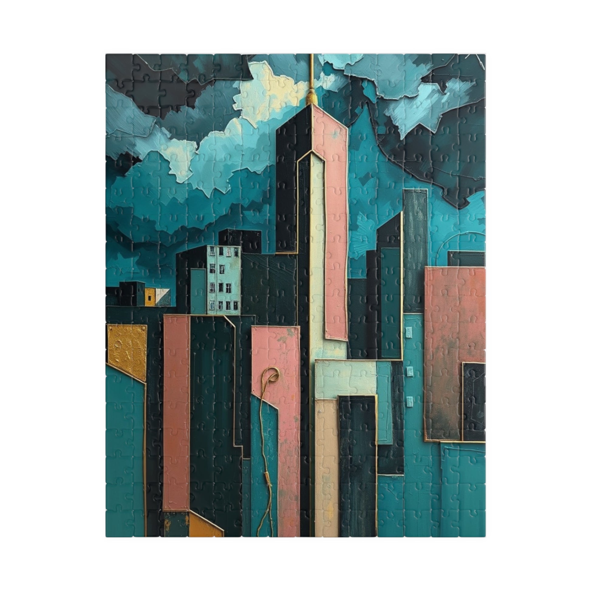 Abstract Cityscape Jigsaw Puzzle - Metallic Pastel Teal Geometric Shapes 252 pcs (Vertical) Puzzle The Puzzle Chest