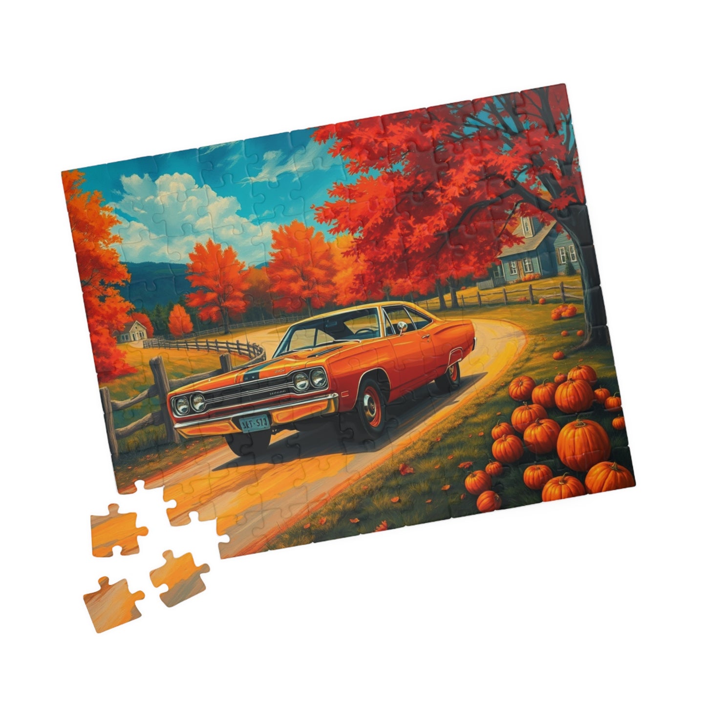 Autumn Vintage Car Puzzle, Orange 1969 Plymouth Road Runner, Retro Auto Jigsaw Game, Relaxing Fall Vibes, Gift for Car Lovers, Solo Fun Puzzle The Puzzle Chest