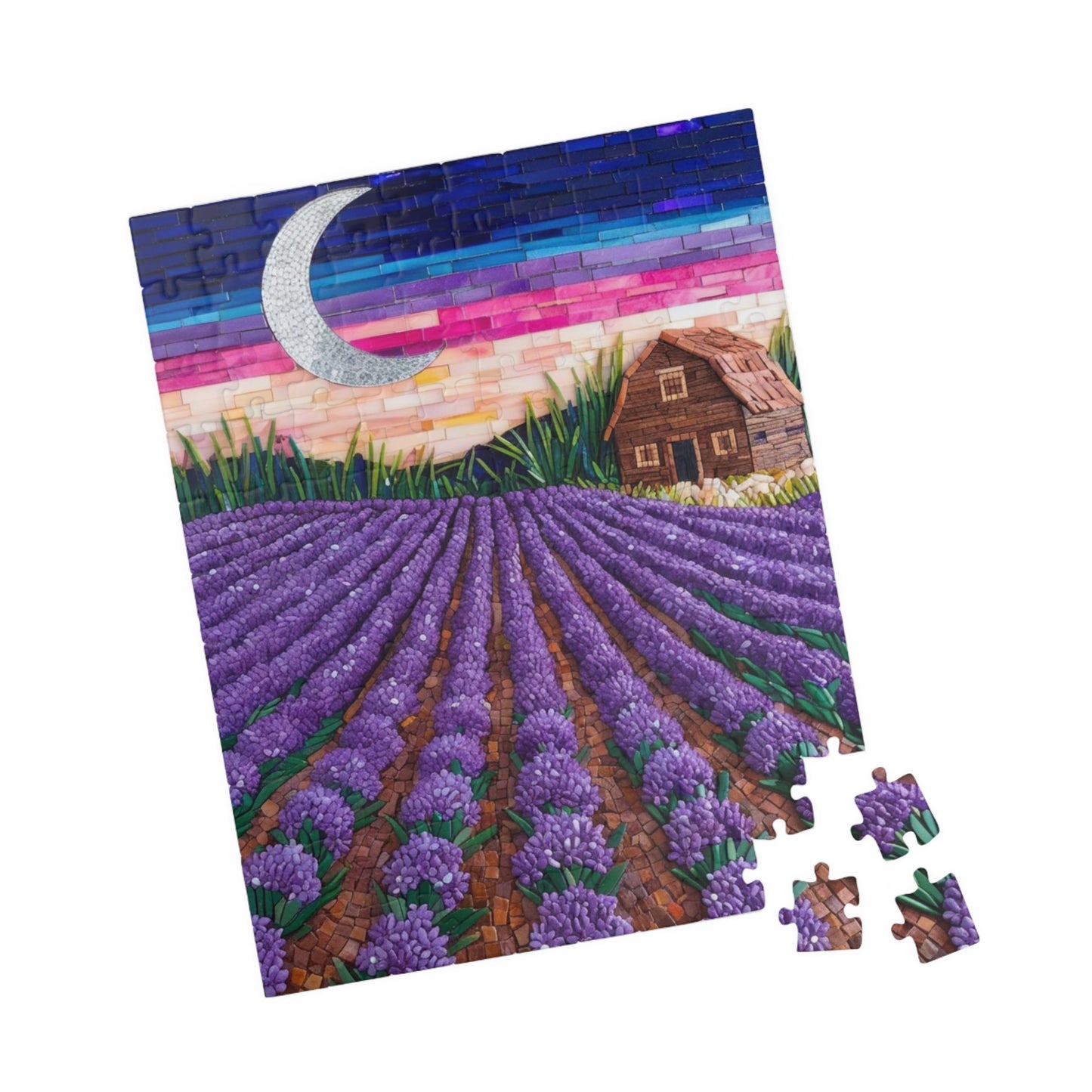 Jigsaw Puzzle, Lavender Fields Mosaic Landscape 110 252 520 1014-piece, Earthy Farmhouse Flower Rows, Rustic Mosaic Tiles Puzzle, Floral Puzzle The Puzzle Chest