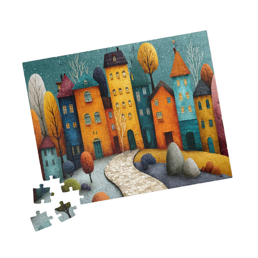 Playful Fantasy Village Jigsaw Puzzle – Artistic Townscape with Colorful Homes, Winding Path and Storybook Landscape 110 pcs (Horizontal) Puzzle The Puzzle Chest